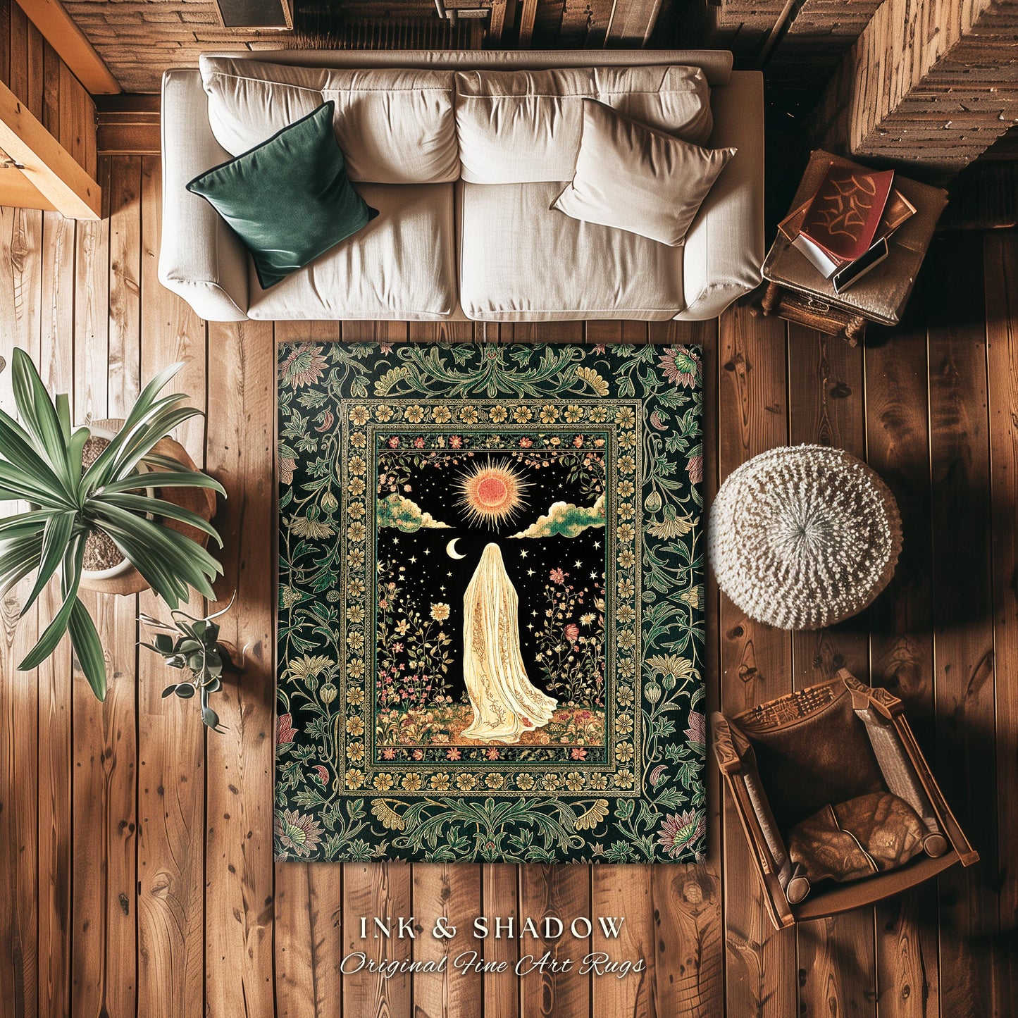 Verdant Sunlit Ghost Cozy Area Rug | Floral Cottagecore Halloween Decor Forest Ghost Home Accent Whimsigoth Gothic Art Botanical Aesthetic |