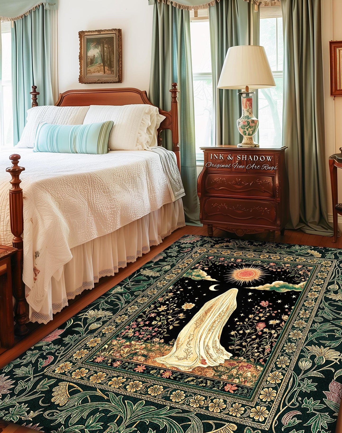 Verdant Sunlit Ghost Cozy Area Rug | Floral Cottagecore Halloween Decor Forest Ghost Home Accent Whimsigoth Gothic Art Botanical Aesthetic |