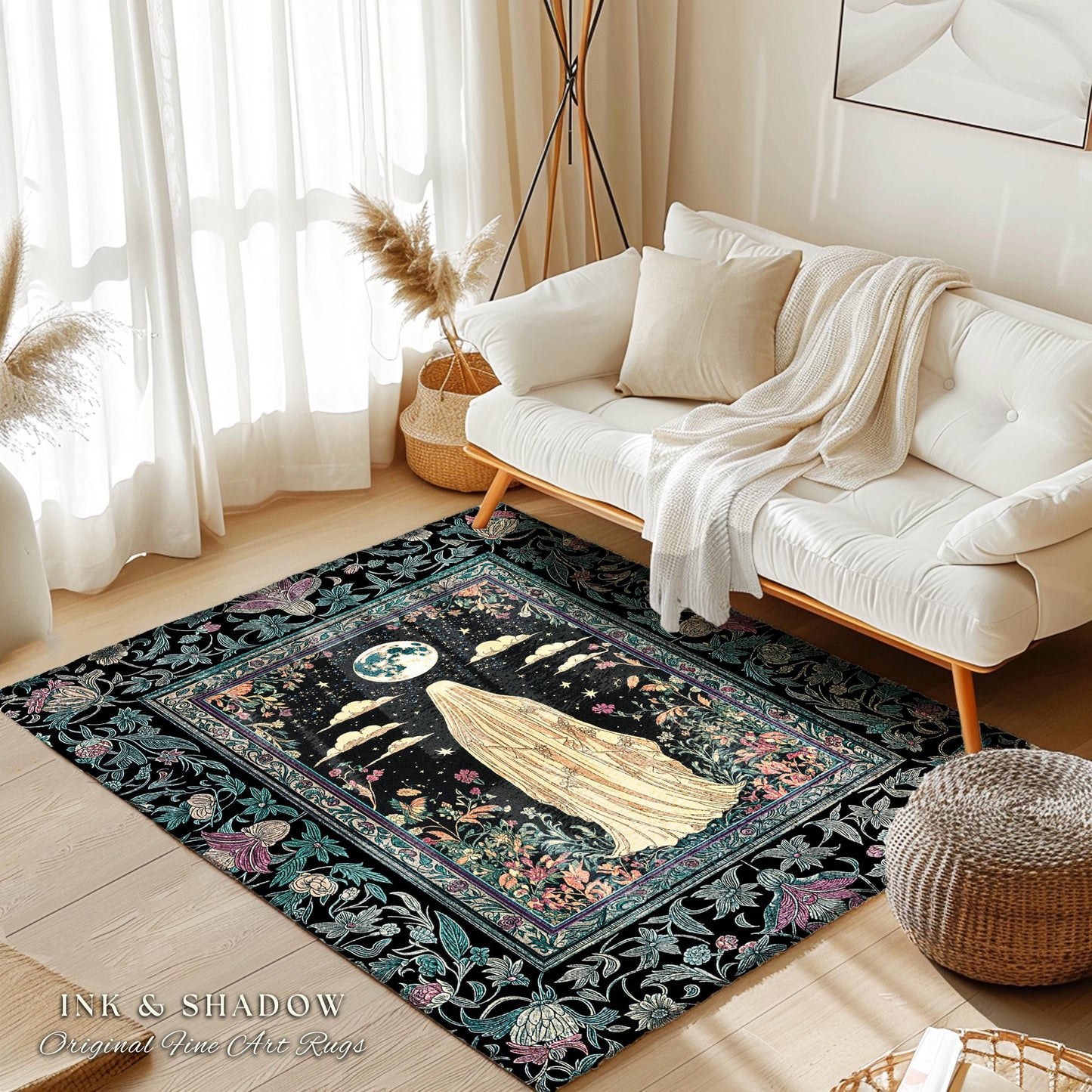 Moonlit Garden Ghost Area Rug | Celestial Halloween Floral Bedroom Whimsigoth Cottagecore Spirit Botanical Season of the Witch Home Accent