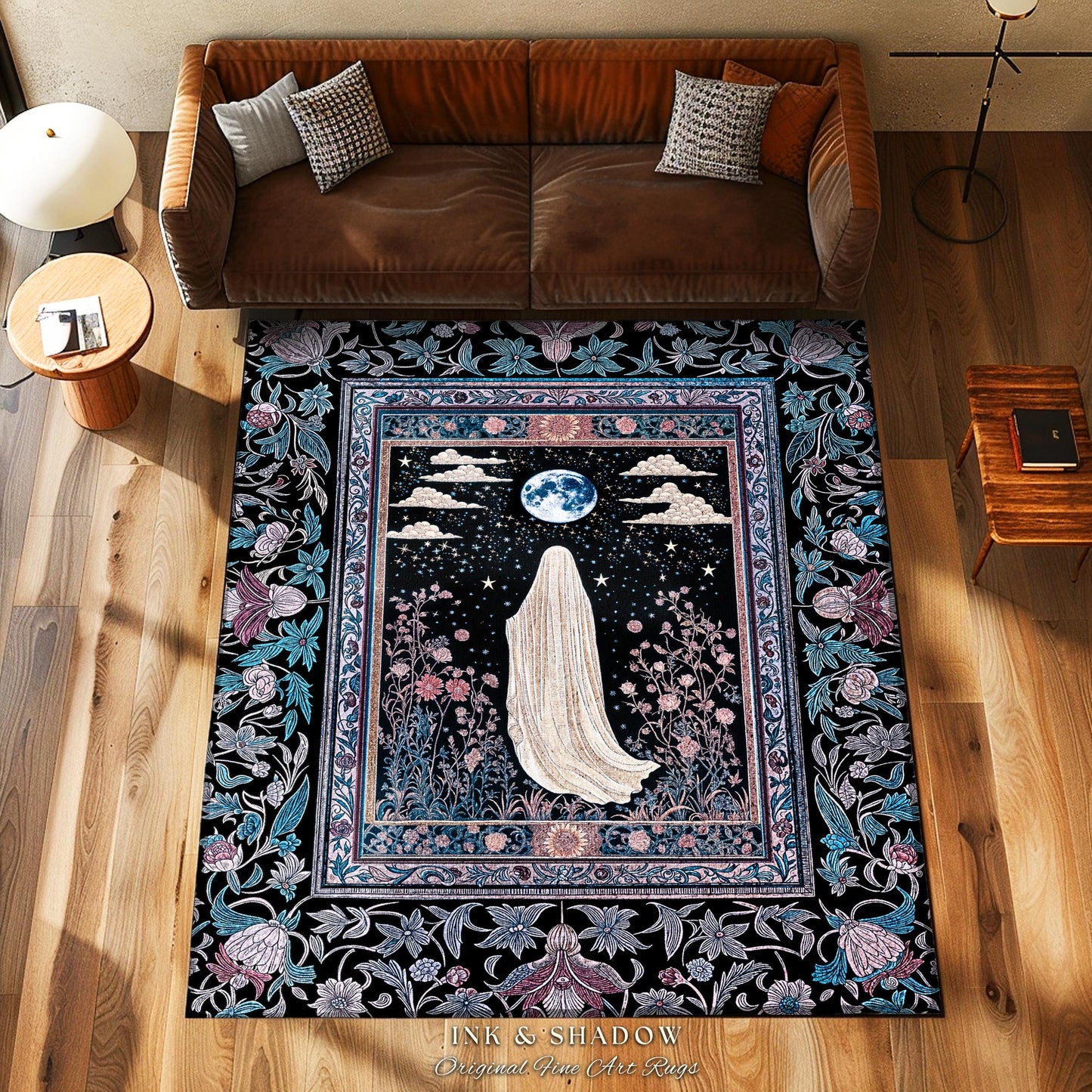 Moody Midnight Ghost Area Rug | Gothic Aesthetic Harvest Moon Spirit Whimsigoth Halloween Cottagecore Cozy Decor Botanical Witchy Accent |