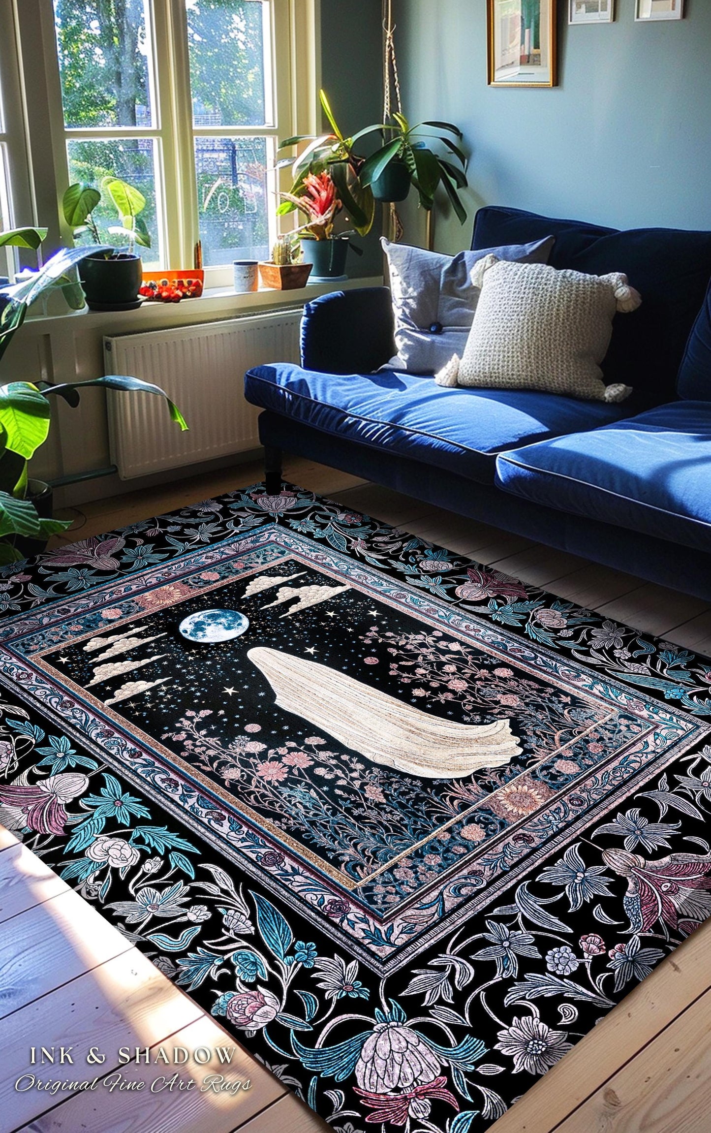 Moody Midnight Ghost Area Rug | Gothic Aesthetic Harvest Moon Spirit Whimsigoth Halloween Cottagecore Cozy Decor Botanical Witchy Accent |