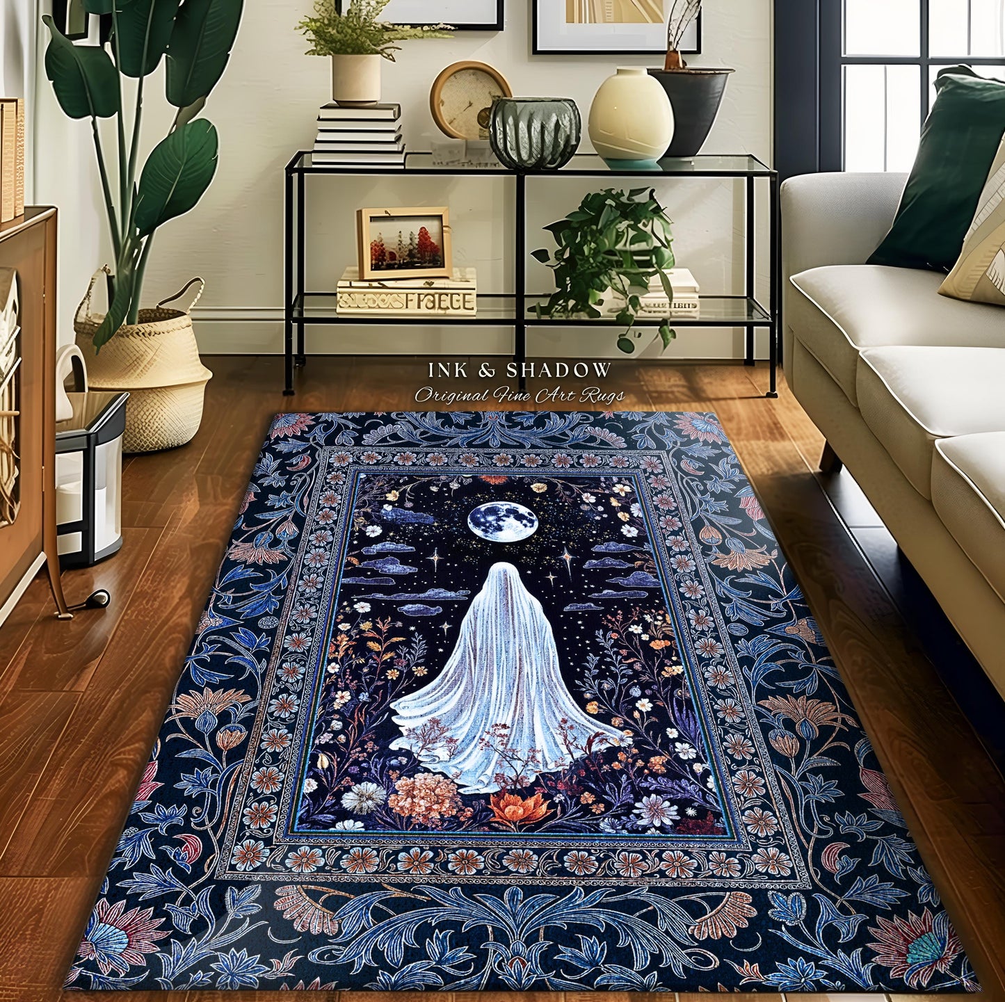 Blue Moon Garden Ghost Area Rug | Whimsigoth Pastel Floral Accent Halloween Decor Cottagecore Spirit Botanical Season Witchy Style Bedroom |
