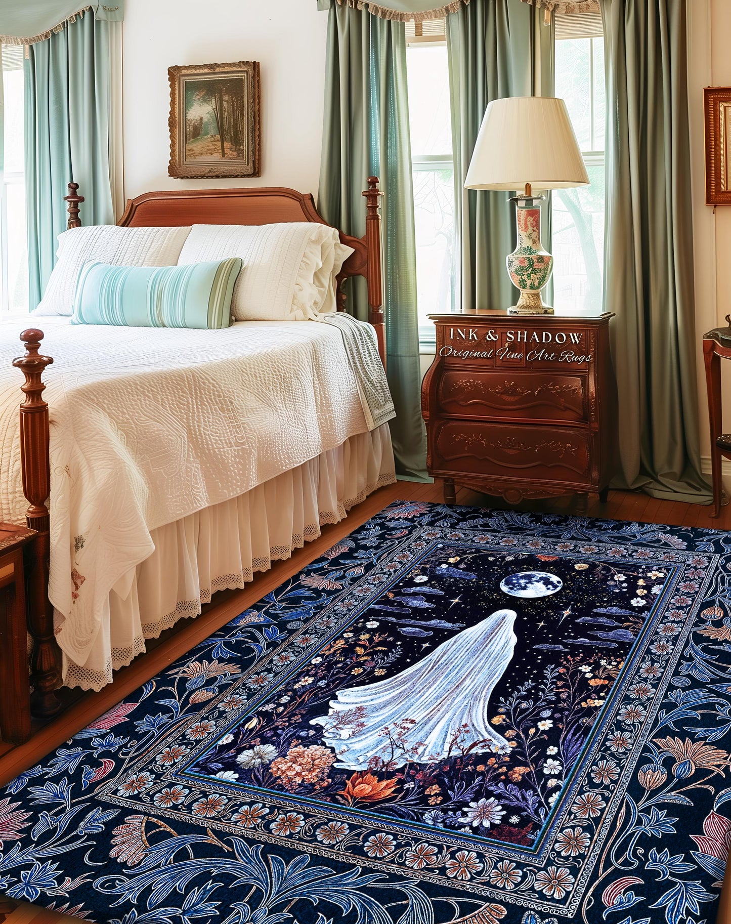 Blue Moon Garden Ghost Area Rug | Whimsigoth Pastel Floral Accent Halloween Decor Cottagecore Spirit Botanical Season Witchy Style Bedroom |