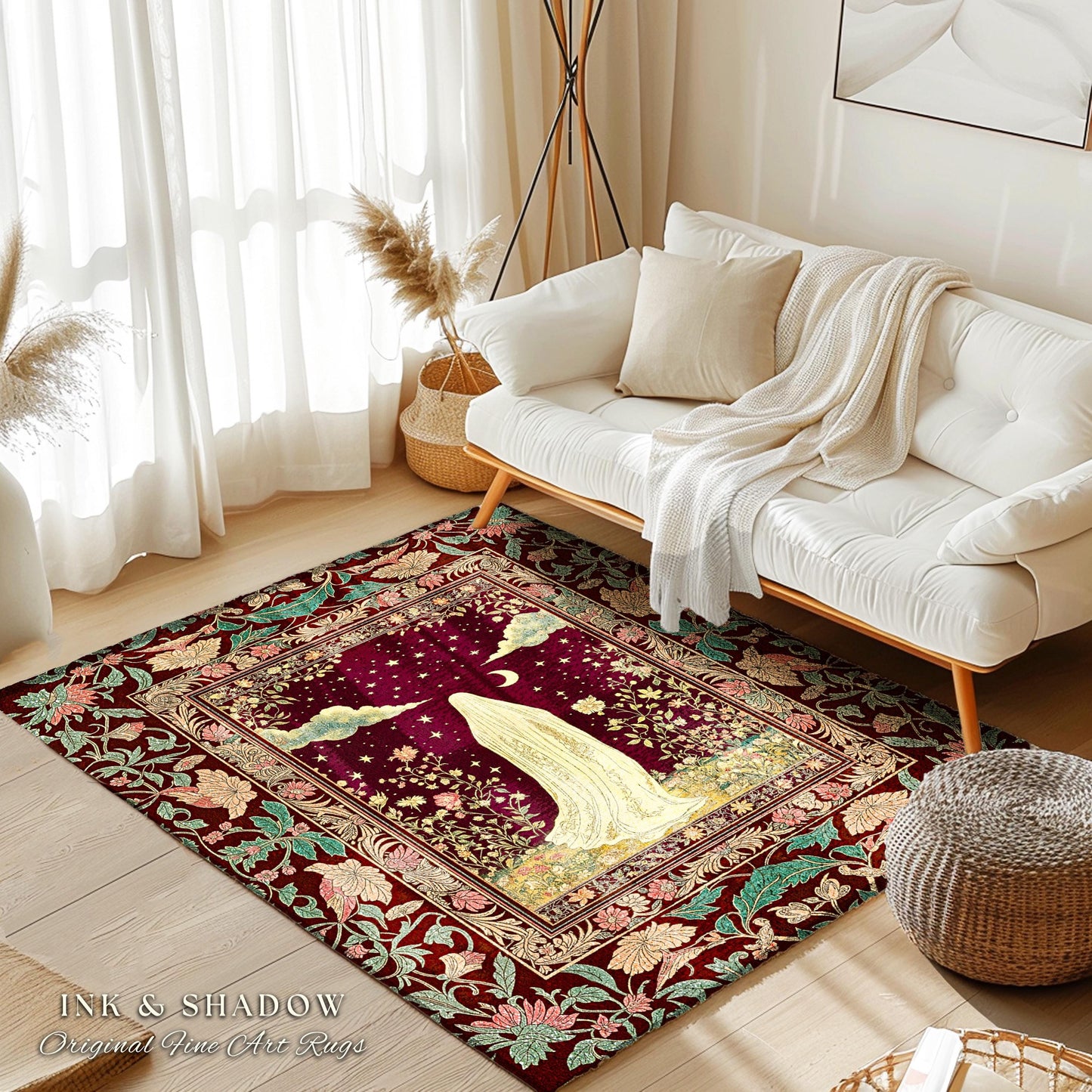 Celestial Nightfall Mystic Ghost Rug | Ethereal Witchy Cottagecore Accent Rug Whimsigoth Gothic Decor Botanical Vintage Aesthetic Pastel |