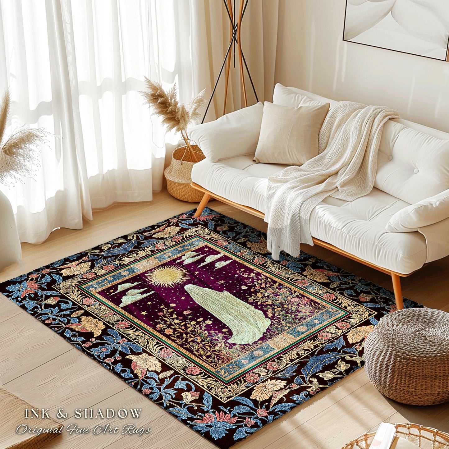 Gothic Sunlit Ghost Accent Rug | Whimsigothic Cottagecore Area Rug Home Decor Halloween Spirit Floral Mysticism Witchy Bedroom Accent Tarot