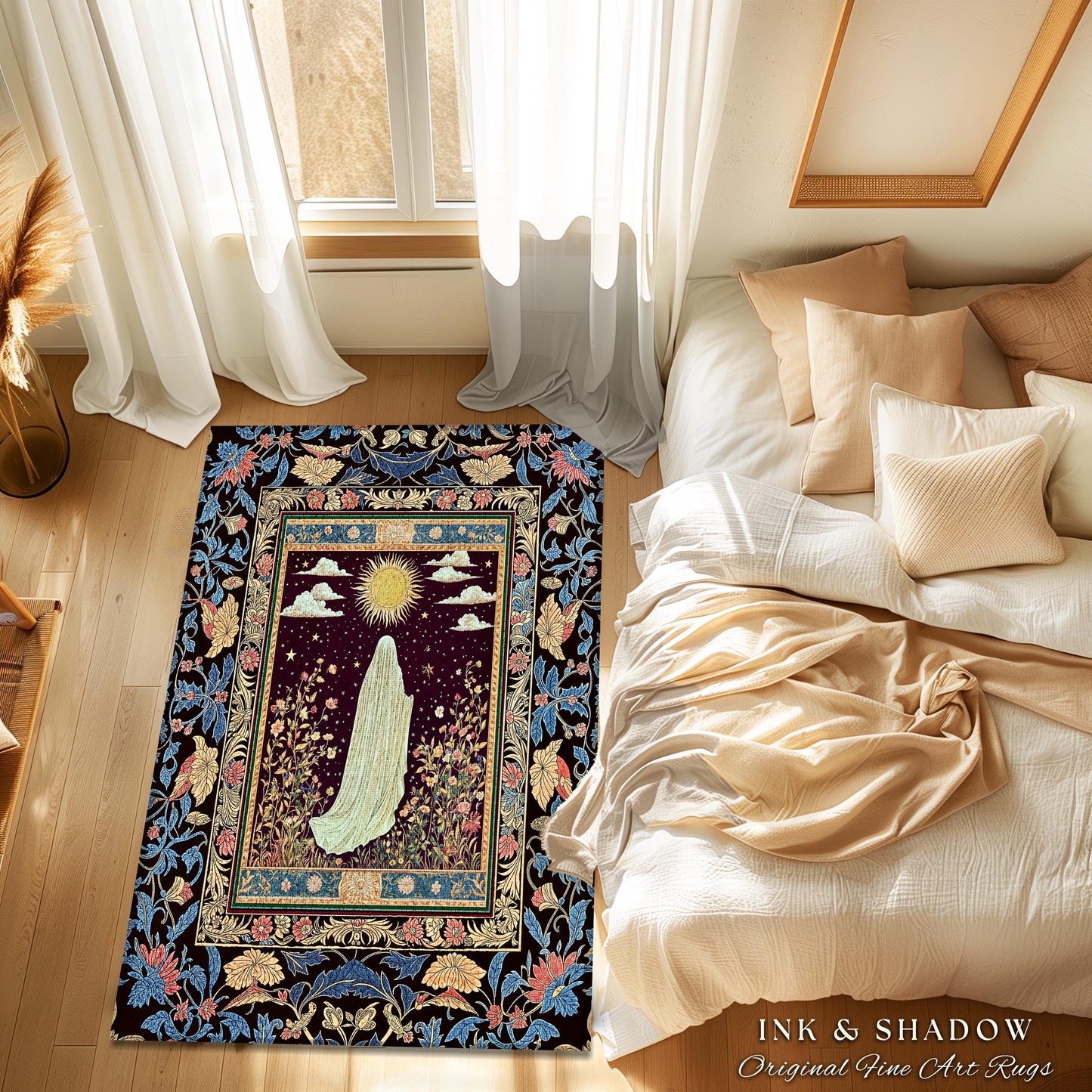 Gothic Sunlit Ghost Accent Rug | Whimsigothic Cottagecore Area Rug Home Decor Halloween Spirit Floral Mysticism Witchy Bedroom Accent Tarot