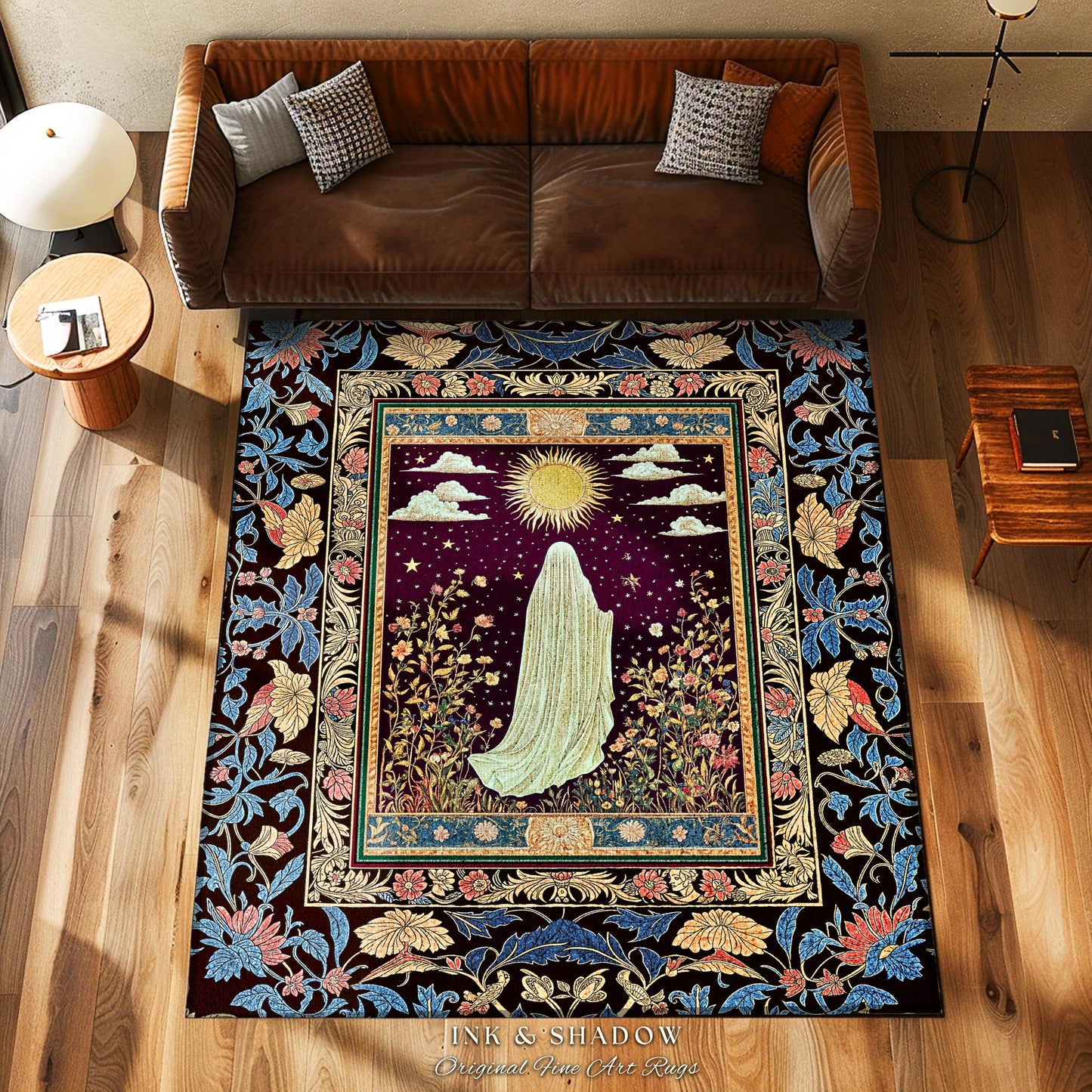 Gothic Sunlit Ghost Accent Rug | Whimsigothic Cottagecore Area Rug Home Decor Halloween Spirit Floral Mysticism Witchy Bedroom Accent Tarot