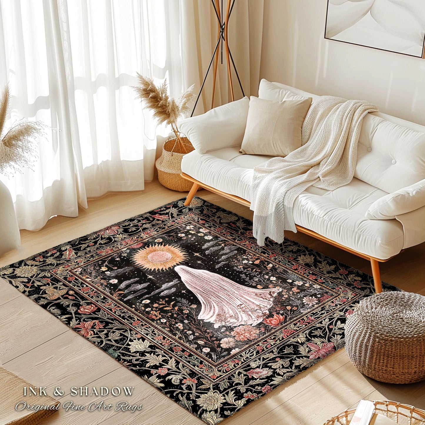 Ethereal Rose Garden Ghost Rug | Pastel Floral Accent Rug Halloween Aesthetic Cottagecore Whimsigoth Romantic Goth Decor Celestial Witchy |