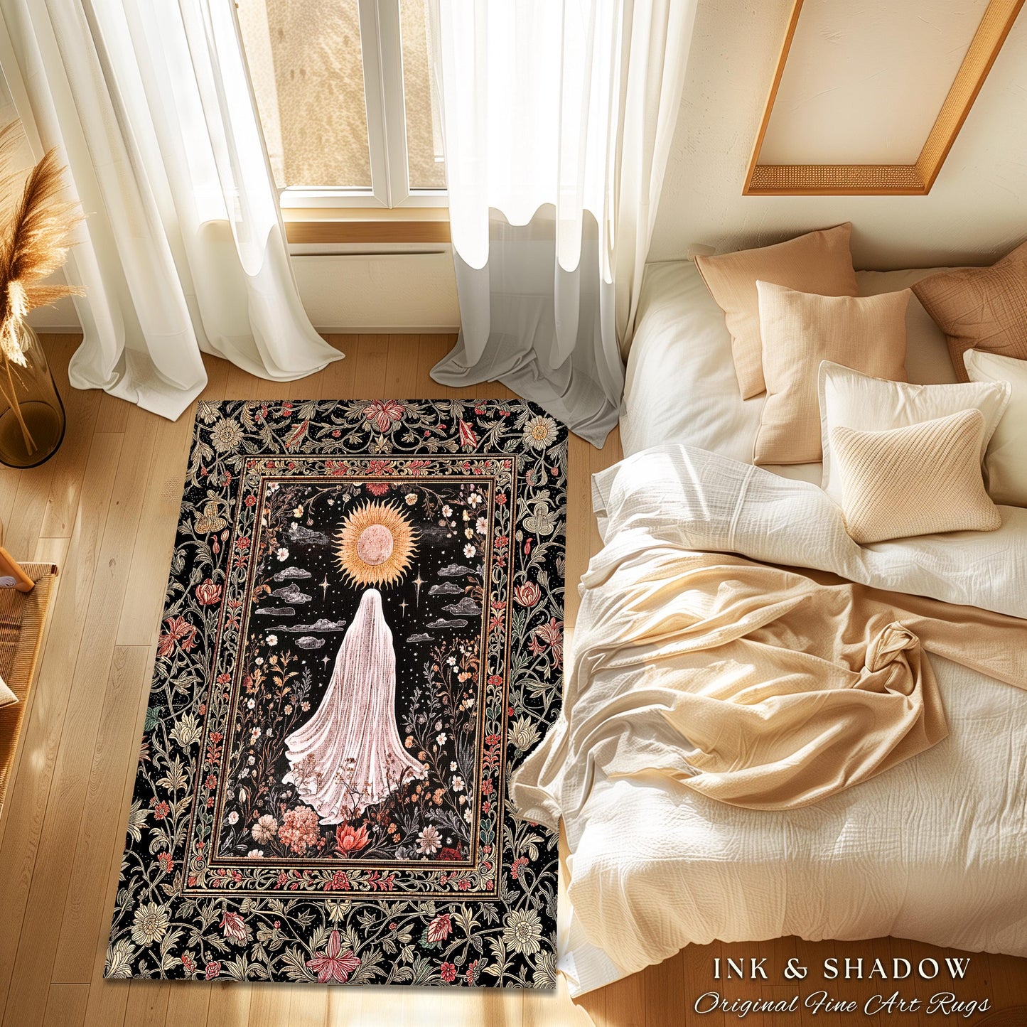 Ethereal Rose Garden Ghost Rug | Pastel Floral Accent Rug Halloween Aesthetic Cottagecore Whimsigoth Romantic Goth Decor Celestial Witchy |