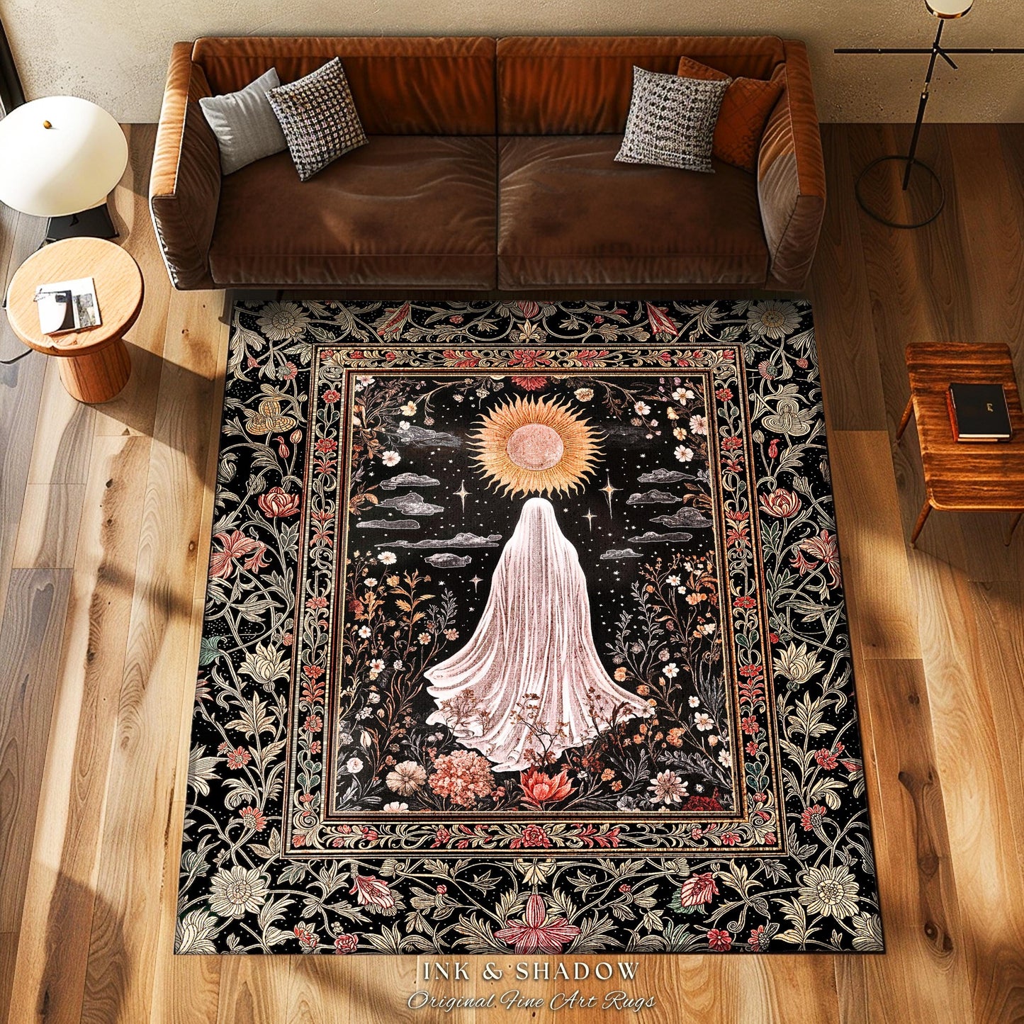 Ethereal Rose Garden Ghost Rug | Pastel Floral Accent Rug Halloween Aesthetic Cottagecore Whimsigoth Romantic Goth Decor Celestial Witchy |