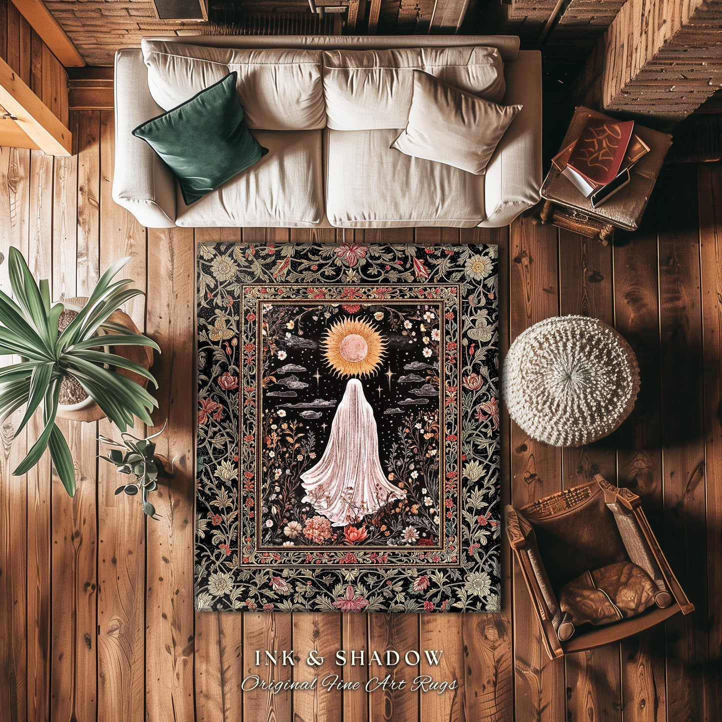 Ethereal Rose Garden Ghost Rug | Pastel Floral Accent Rug Halloween Aesthetic Cottagecore Whimsigoth Romantic Goth Decor Celestial Witchy |