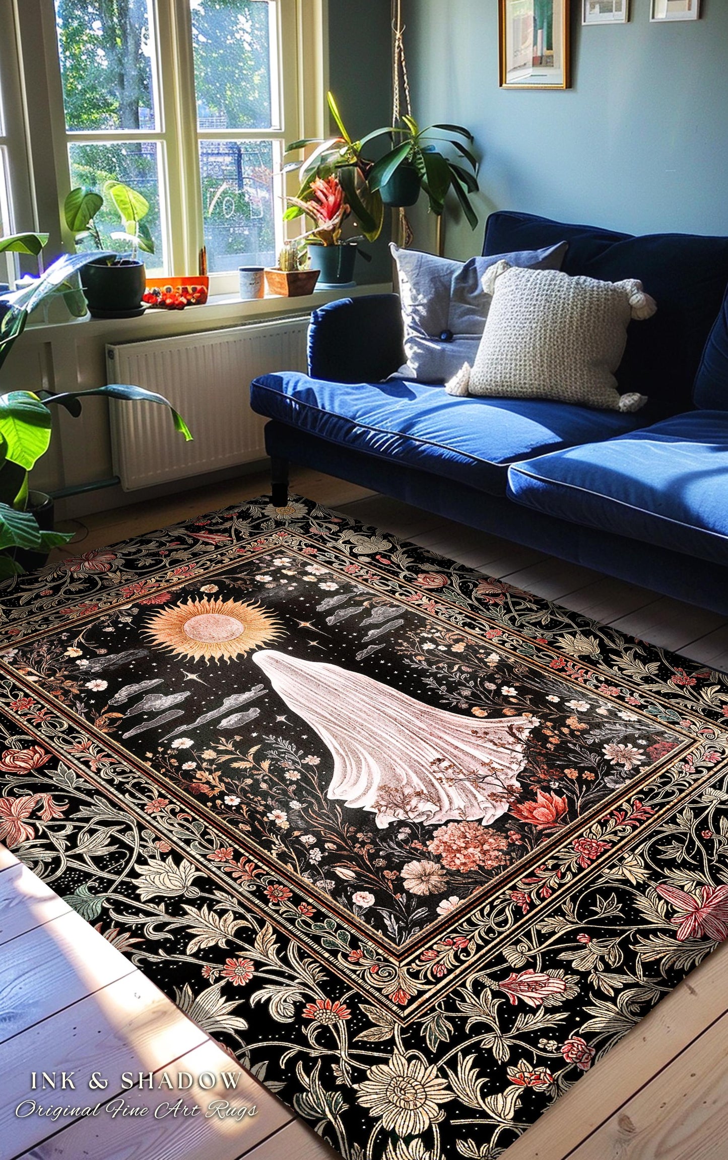 Ethereal Rose Garden Ghost Rug | Pastel Floral Accent Rug Halloween Aesthetic Cottagecore Whimsigoth Romantic Goth Decor Celestial Witchy |