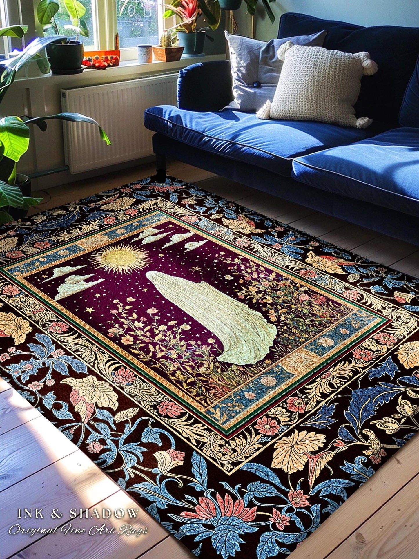 Gothic Sunlit Ghost Accent Rug | Whimsigothic Cottagecore Area Rug Home Decor Halloween Spirit Floral Mysticism Witchy Bedroom Accent Tarot