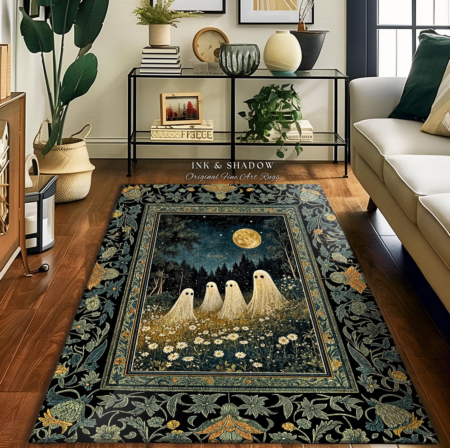 Mystic Full Moon Ghost Family Rug | Floral Halloween Accent Rug Whimsigoth Gothic Mysticism Witchy Maximalist Throw Spooky Decor Celestial |