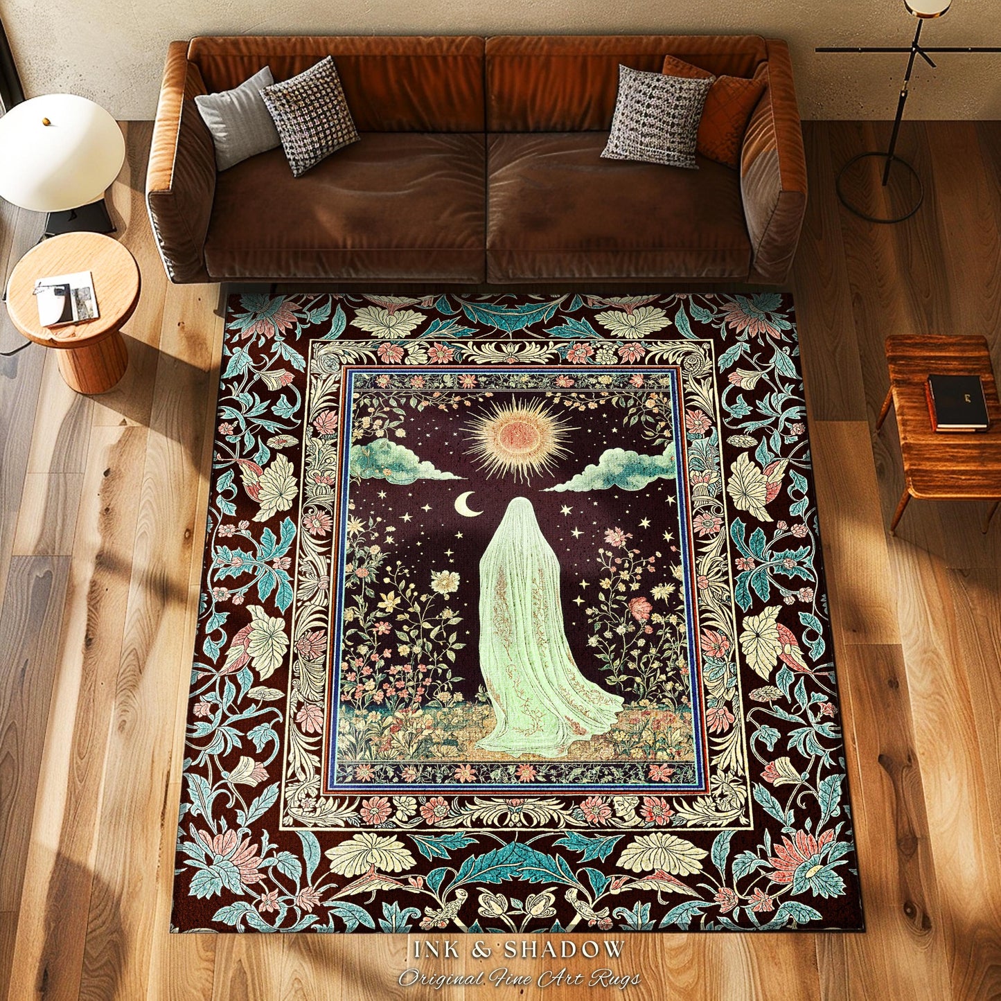 Earth Spirit Mystic Floral Ghost Rug | Cottagecore Home Decor Whimsigoth Decor Sunlit Pastel Accent Botanical Season Witchy Vintage Style |