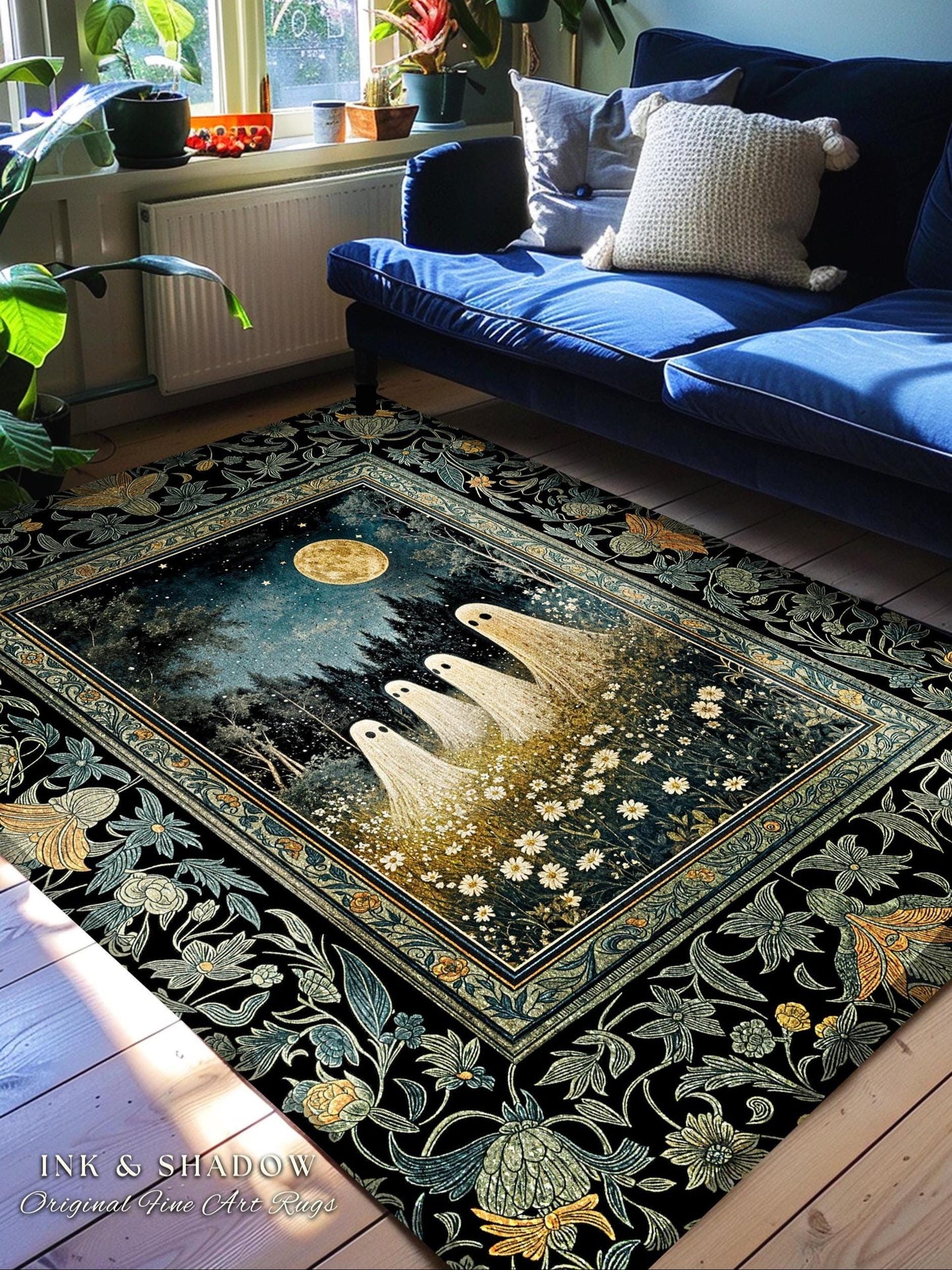 Mystic Full Moon Ghost Family Rug | Floral Halloween Accent Rug Whimsigoth Gothic Mysticism Witchy Maximalist Throw Spooky Decor Celestial |