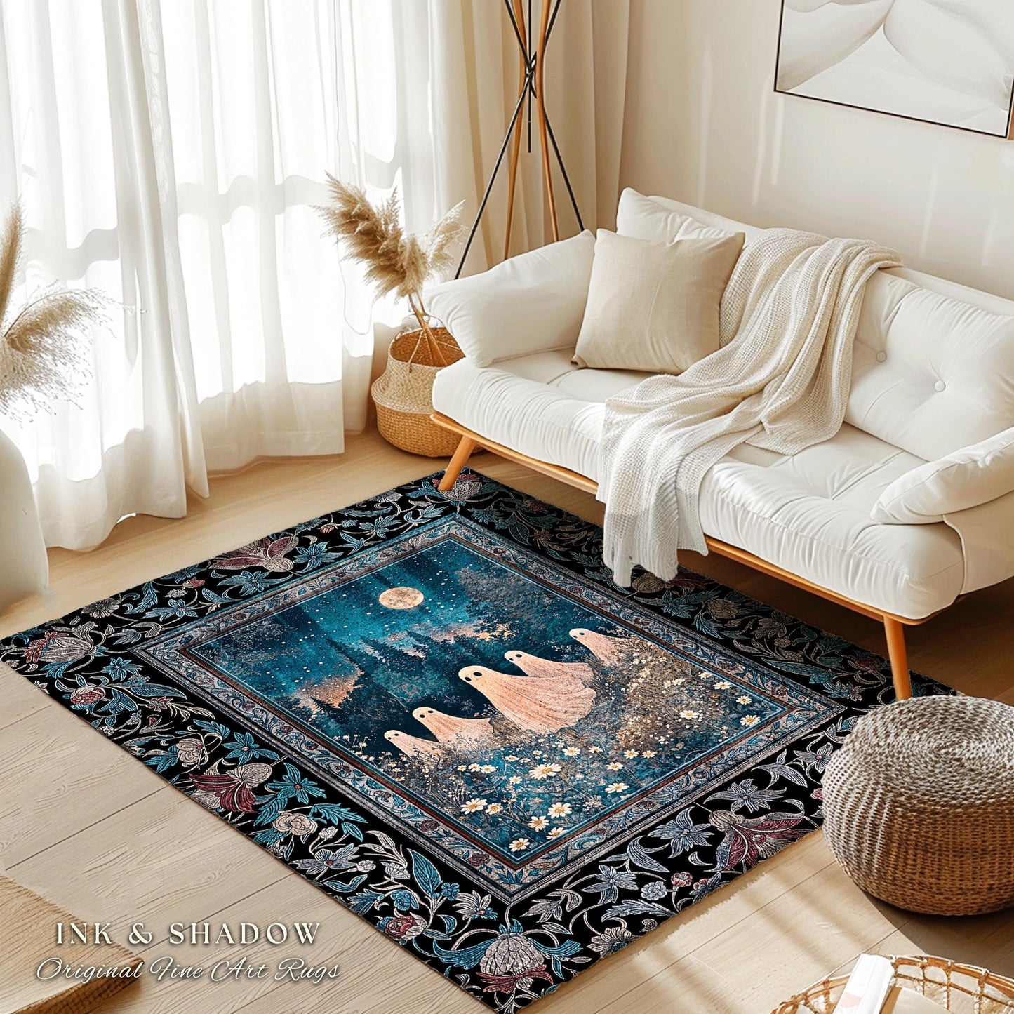 Midnight Gathering Mystical Ghost Rug | Gothic Halloween Accent Rug Whimsigoth Floral Dark Cottagecore Maximalist Mystic Decor Full Moon Art