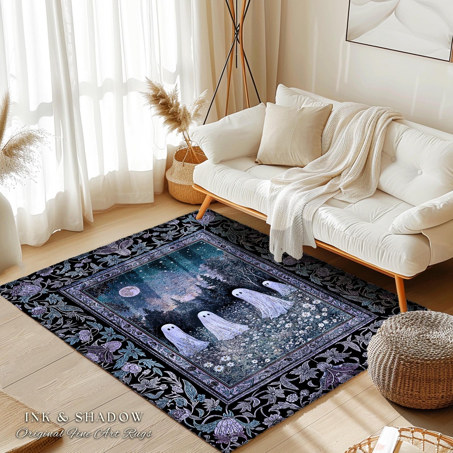 Starry Sky Violet Meadow Ghost Rug | Halloween Gothic Accent Whimsigoth Cottagecore Floral Maximalist Moody Mysticism Bedroom Decor Witchy