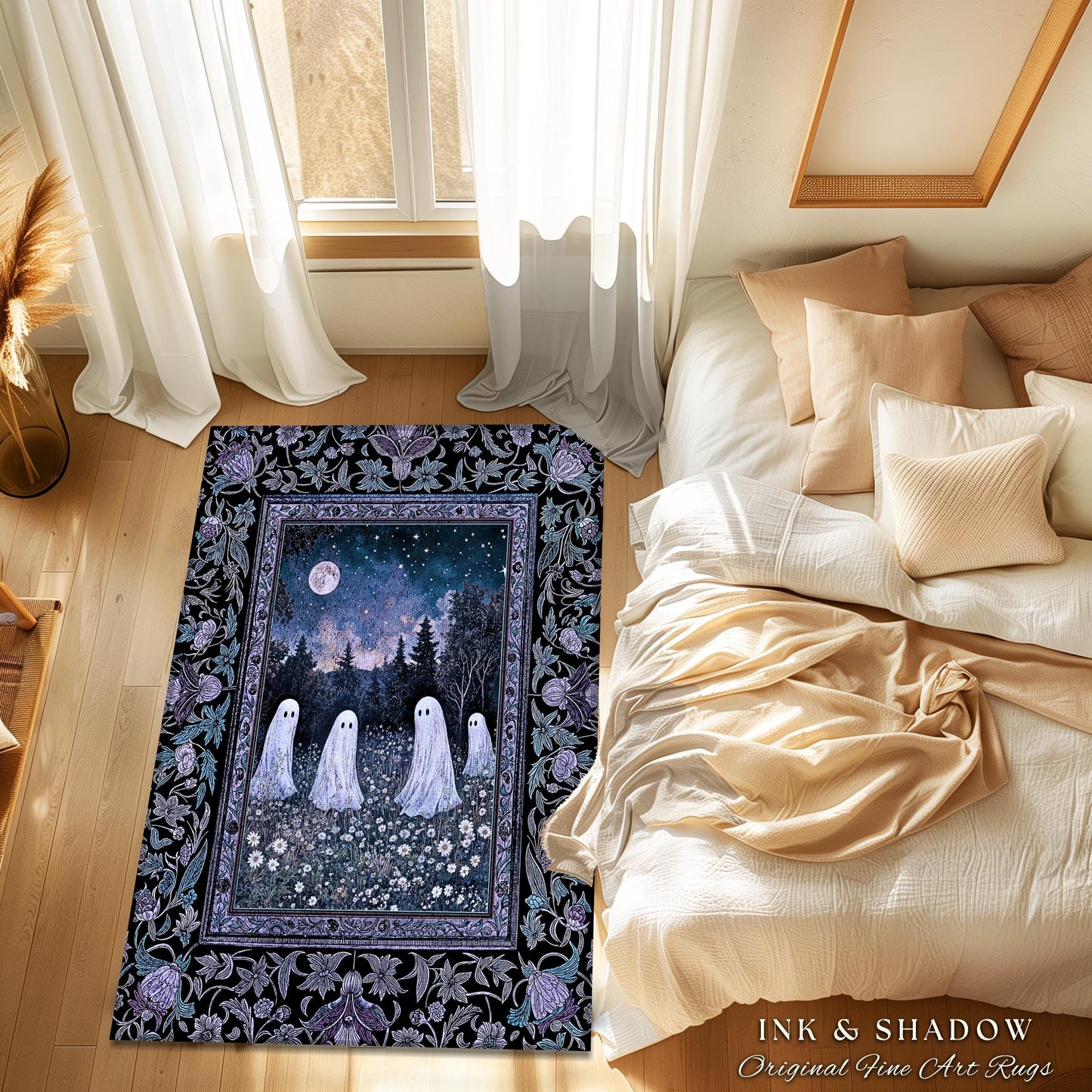 Starry Sky Violet Meadow Ghost Rug | Halloween Gothic Accent Whimsigoth Cottagecore Floral Maximalist Moody Mysticism Bedroom Decor Witchy