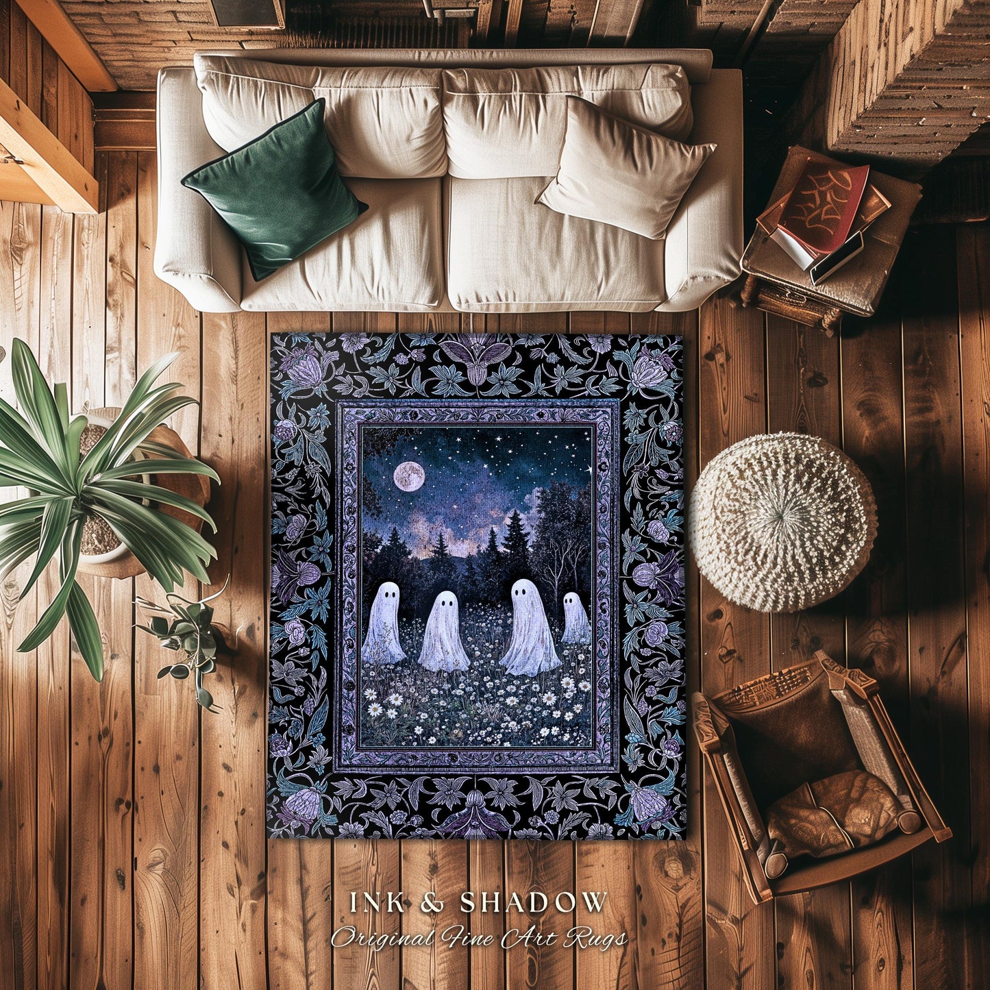 Starry Sky Violet Meadow Ghost Rug | Halloween Gothic Accent Whimsigoth Cottagecore Floral Maximalist Moody Mysticism Bedroom Decor Witchy