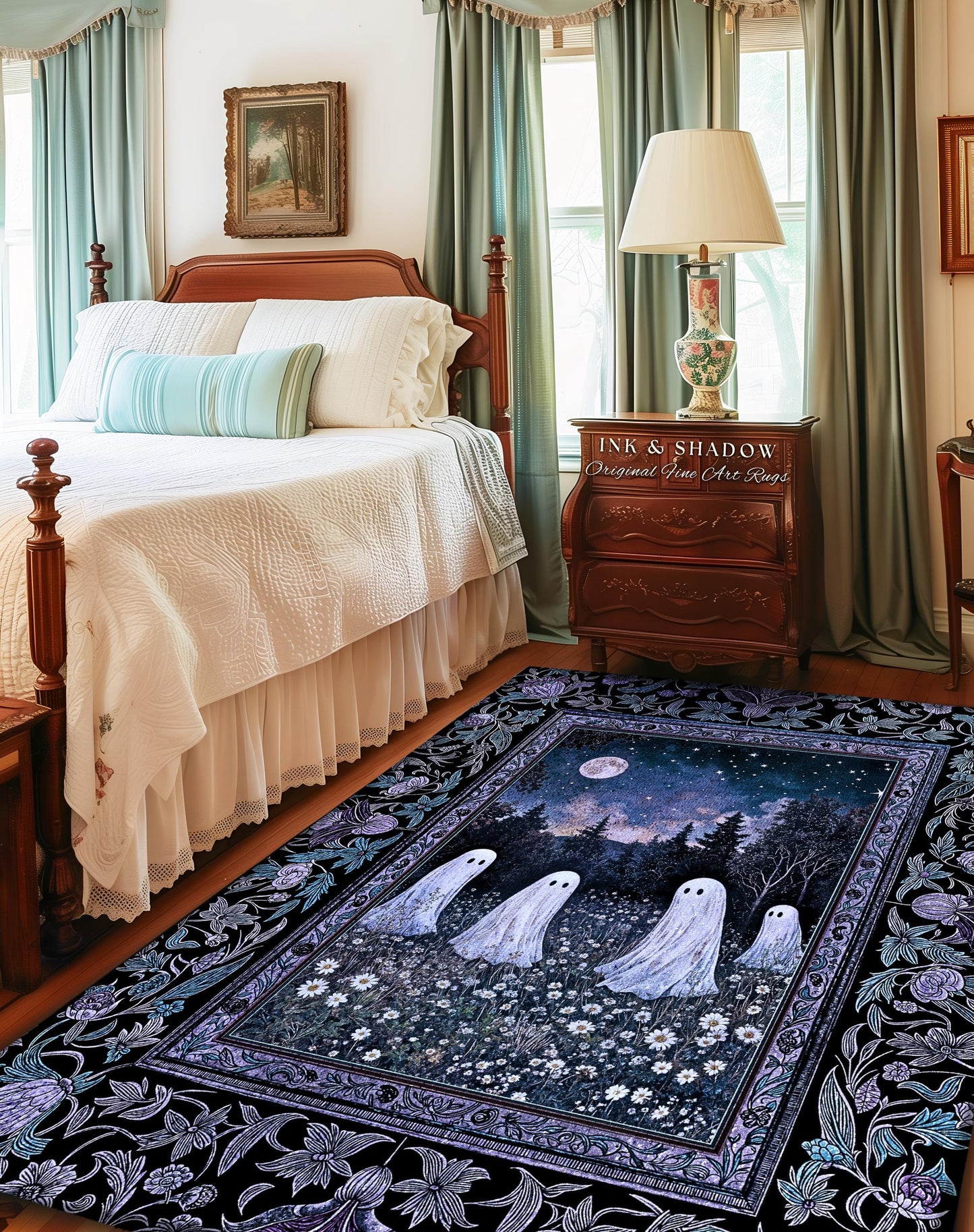 Starry Sky Violet Meadow Ghost Rug | Halloween Gothic Accent Whimsigoth Cottagecore Floral Maximalist Moody Mysticism Bedroom Decor Witchy