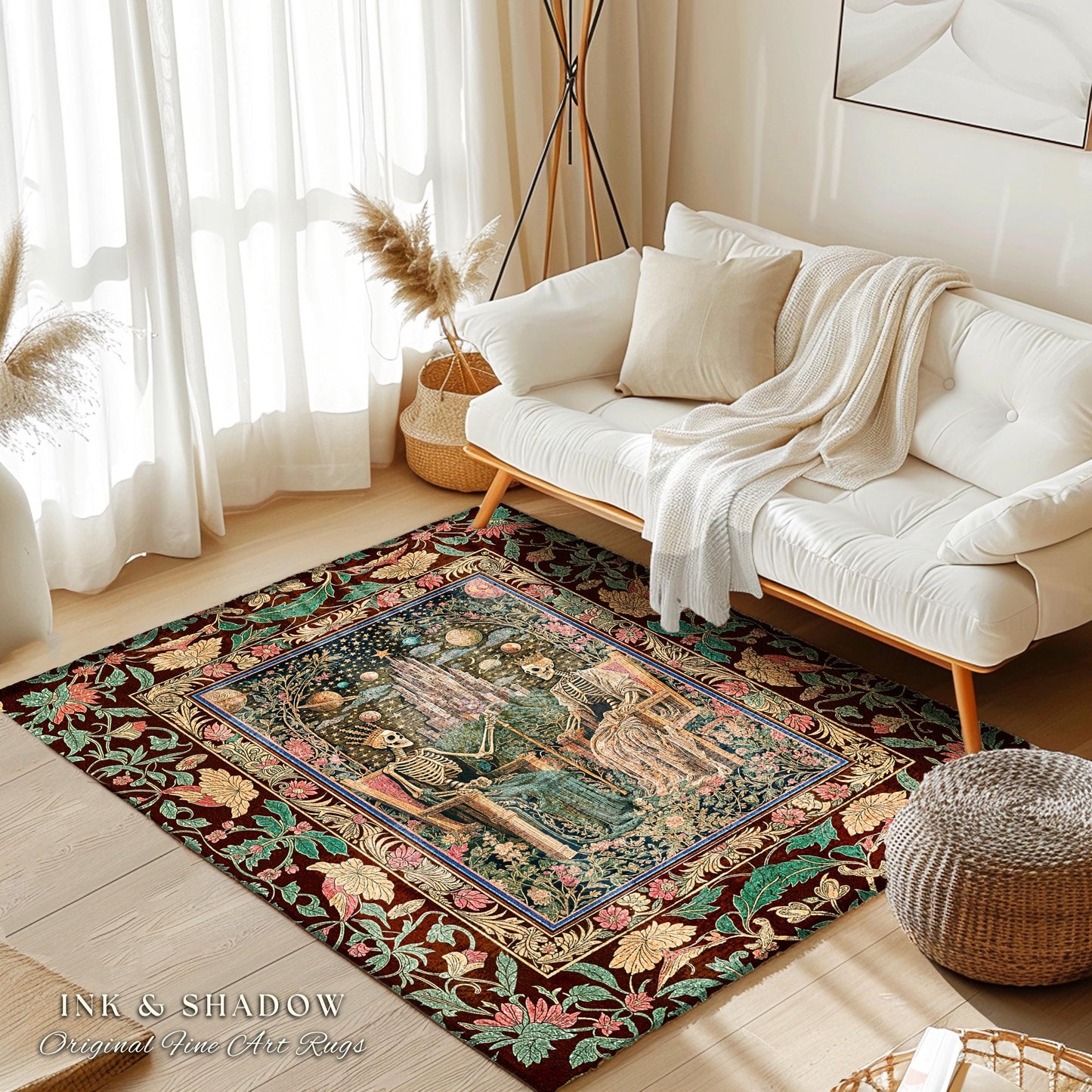 Pastel Witchy Skeleton Couple Area Rug | Dark Academia Whimsical Fantasy Occult Spooky Gothic Couple Bedroom Accent Wiccan Dark Aesthetic |