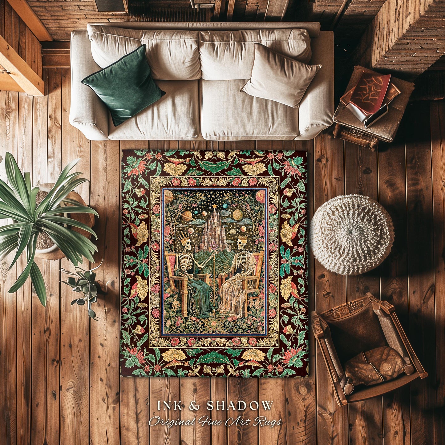 Pastel Witchy Skeleton Couple Area Rug | Dark Academia Whimsical Fantasy Occult Spooky Gothic Couple Bedroom Accent Wiccan Dark Aesthetic |