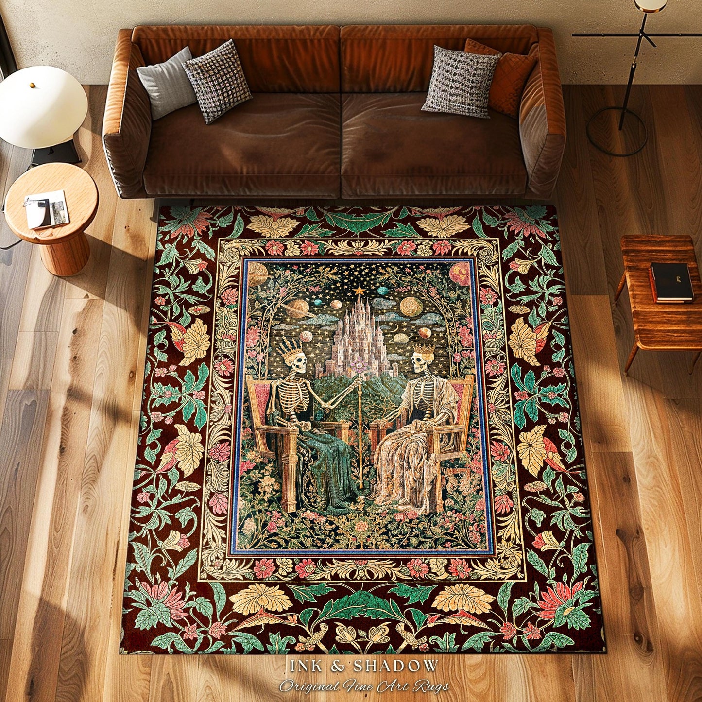 Pastel Witchy Skeleton Couple Area Rug | Dark Academia Whimsical Fantasy Occult Spooky Gothic Couple Bedroom Accent Wiccan Dark Aesthetic |