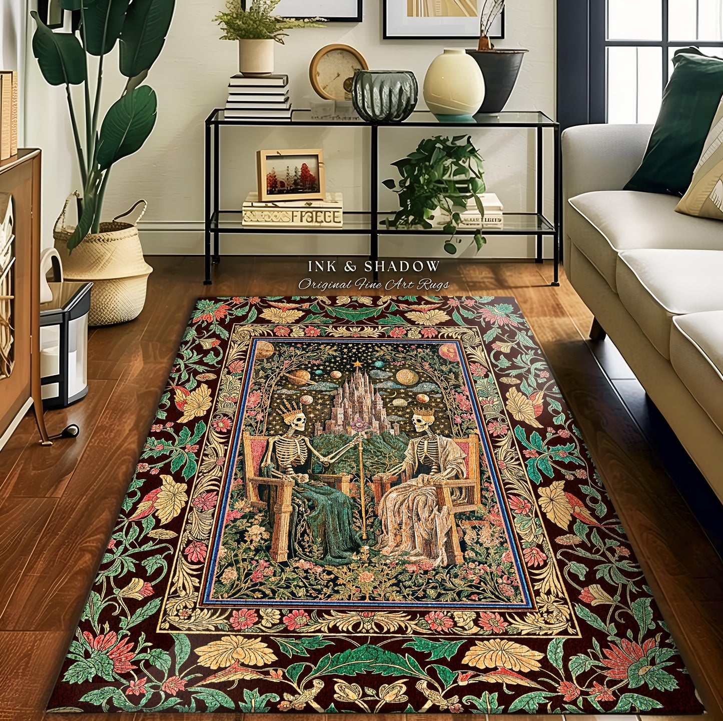 Pastel Witchy Skeleton Couple Area Rug | Dark Academia Whimsical Fantasy Occult Spooky Gothic Couple Bedroom Accent Wiccan Dark Aesthetic |