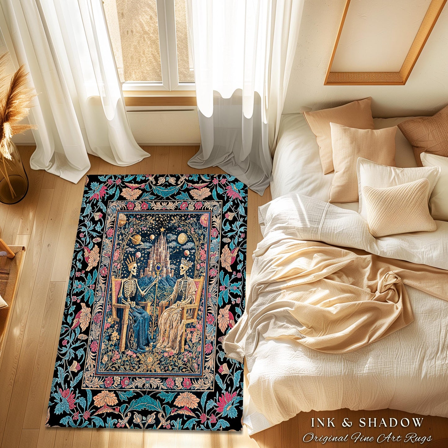 Celestial Skeleton Couple Baroque Rug | Goth Regal Romance Castle King & Queen Whimsical Lovers Magic Fantasy Decor Mystical Bedroom Accent