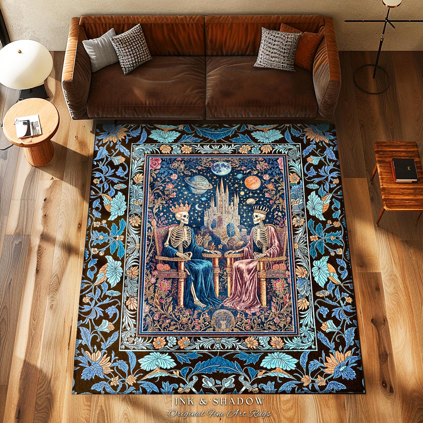 Moonlit Skeleton Lovers Celestial Accent Rug | Gothic Aesthetic Royal Romance Baroque Fantasy Cosmic Pastel Whimsical Bedroom Mystical Style
