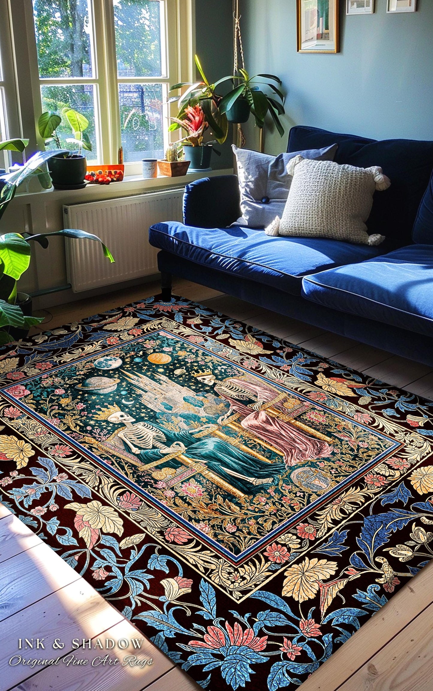 Moody Baroque Skeleton Royals Rug | Celestial Castle Gothic Ethereal Pastel Bedroom Magic Decor Whimsical Fantasy Lovers Mystical Accent |