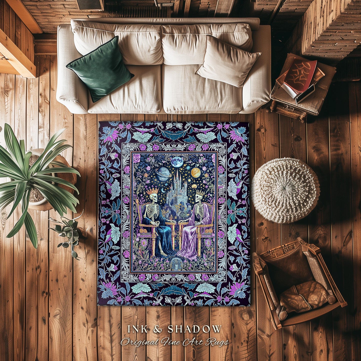 Lavender Skeleton Throne Celestial Rug | Whimsical Baroque Lovers Gothic Fairytale Magic Regency King and Queen Ethereal Floral Aesthetic |