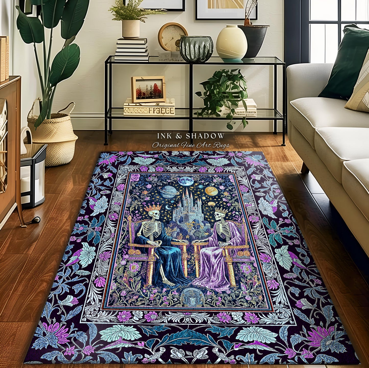 Lavender Skeleton Throne Celestial Rug | Whimsical Baroque Lovers Gothic Fairytale Magic Regency King and Queen Ethereal Floral Aesthetic |