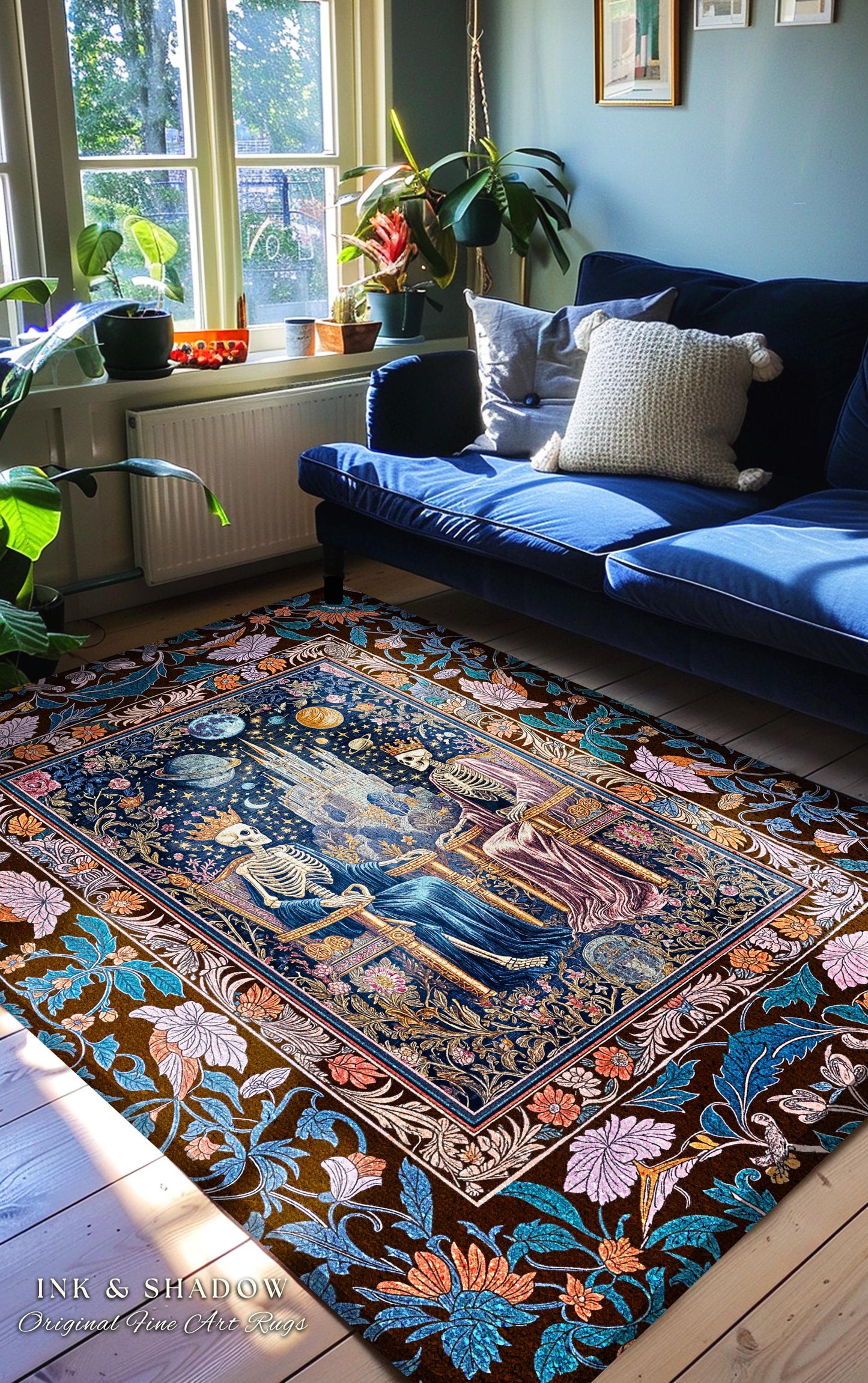 Maximalist Skeleton Royals Pastel Area Rug | Castle Couple Celestial Gothic Moonlit Fairytale Scene Baroque Floral Crowned Lovers Accent Rug