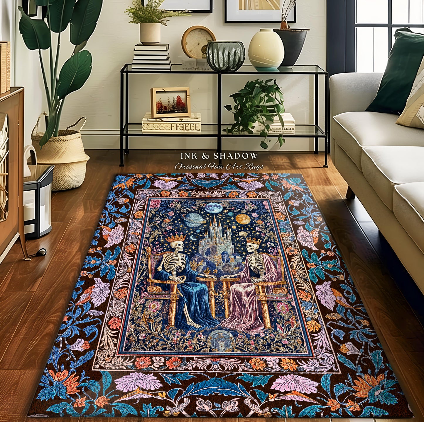 Maximalist Skeleton Royals Pastel Area Rug | Castle Couple Celestial Gothic Moonlit Fairytale Scene Baroque Floral Crowned Lovers Accent Rug