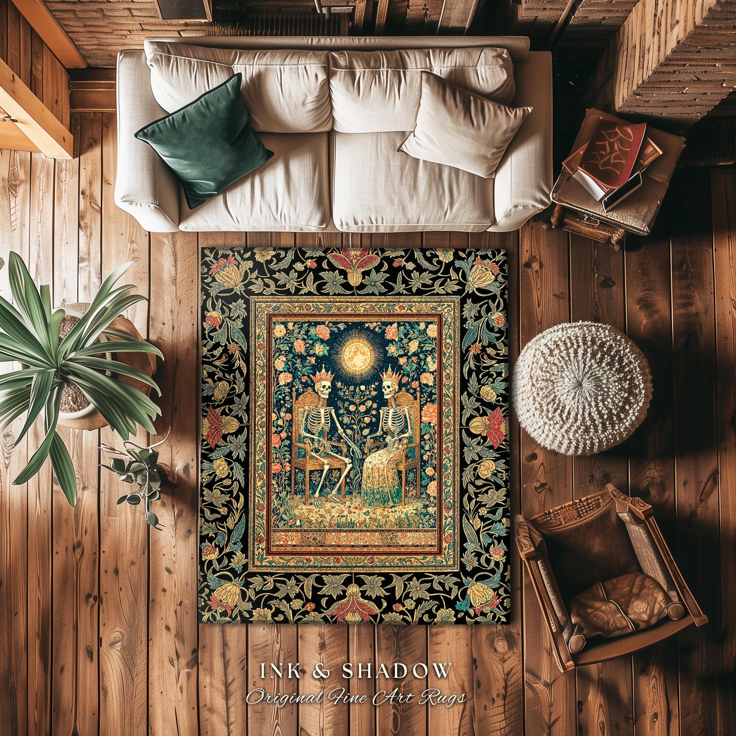 Mystic Garden Skeleton Lovers Rug | Baroque Crowned Couple Gothic Magic Celestial Aesthetic Sunlit Throne Mystical Floral Accent Rug Tarot