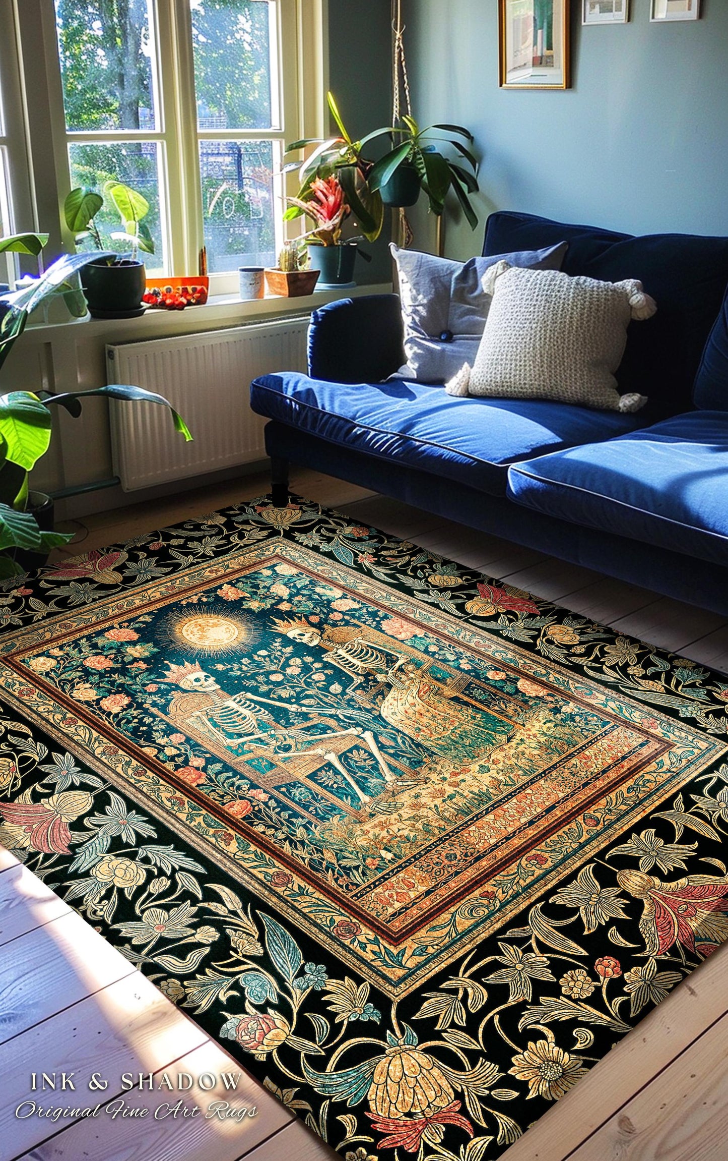 Mystic Garden Skeleton Lovers Rug | Baroque Crowned Couple Gothic Magic Celestial Aesthetic Sunlit Throne Mystical Floral Accent Rug Tarot