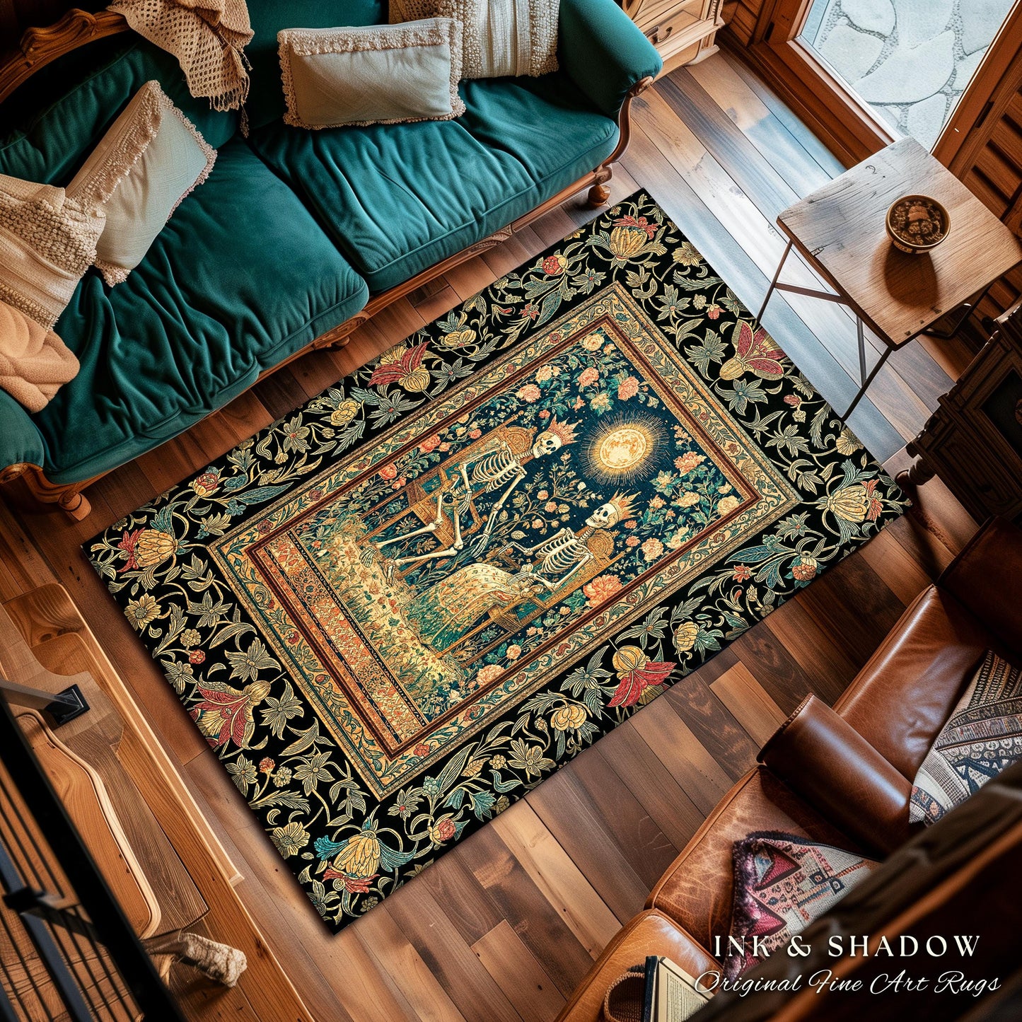 Mystic Garden Skeleton Lovers Rug | Baroque Crowned Couple Gothic Magic Celestial Aesthetic Sunlit Throne Mystical Floral Accent Rug Tarot