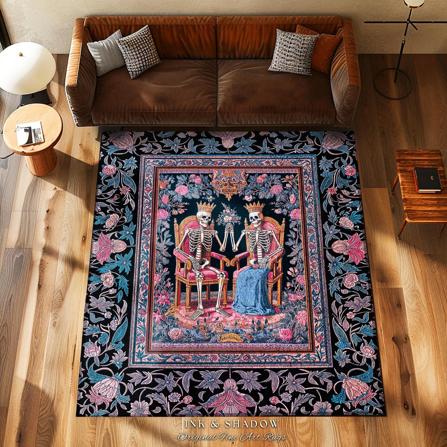 Rose Garden Skeleton Couple Area Rug | Baroque Aesthetic Renaissance Gothic Fairytale Magic Royal Theme Floral Castle Decor Celestial Accent