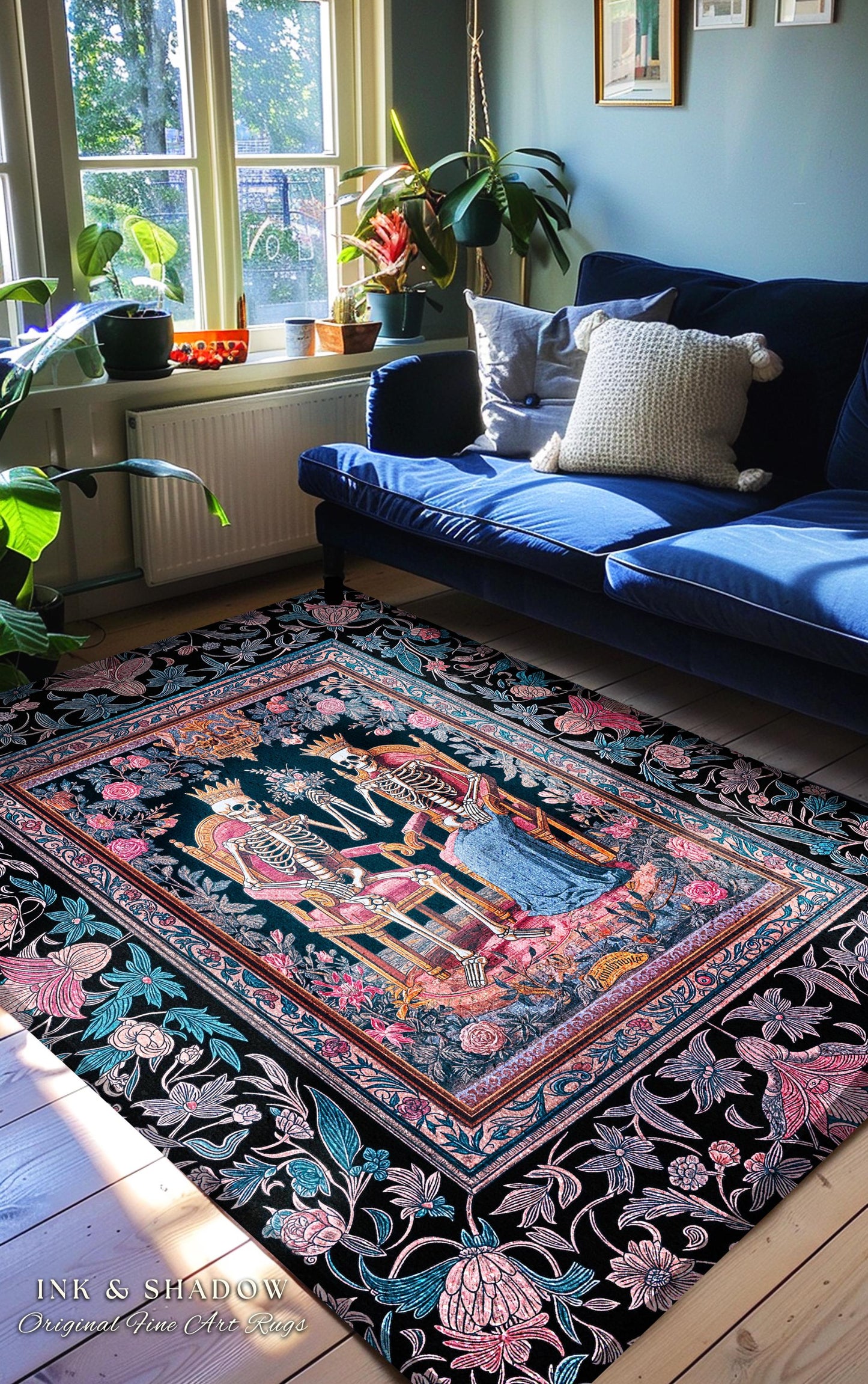 Rose Garden Skeleton Couple Area Rug | Baroque Aesthetic Renaissance Gothic Fairytale Magic Royal Theme Floral Castle Decor Celestial Accent