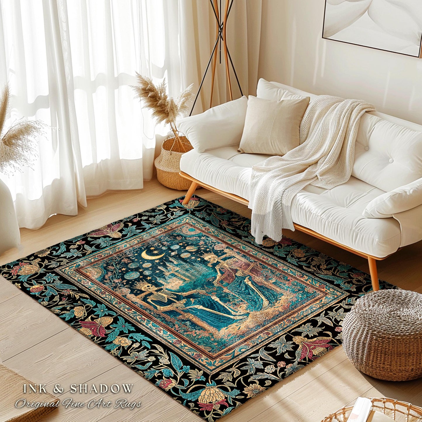 Starlit Skeleton Lovers Celestial Rug | Gothic Castle Whimsigothic Romance Cosmic Sky Baroque Magical King and Queen Bedroom Accent Moonlit