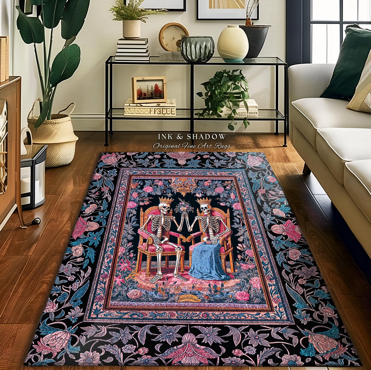 Rose Garden Skeleton Couple Area Rug | Baroque Aesthetic Renaissance Gothic Fairytale Magic Royal Theme Floral Castle Decor Celestial Accent