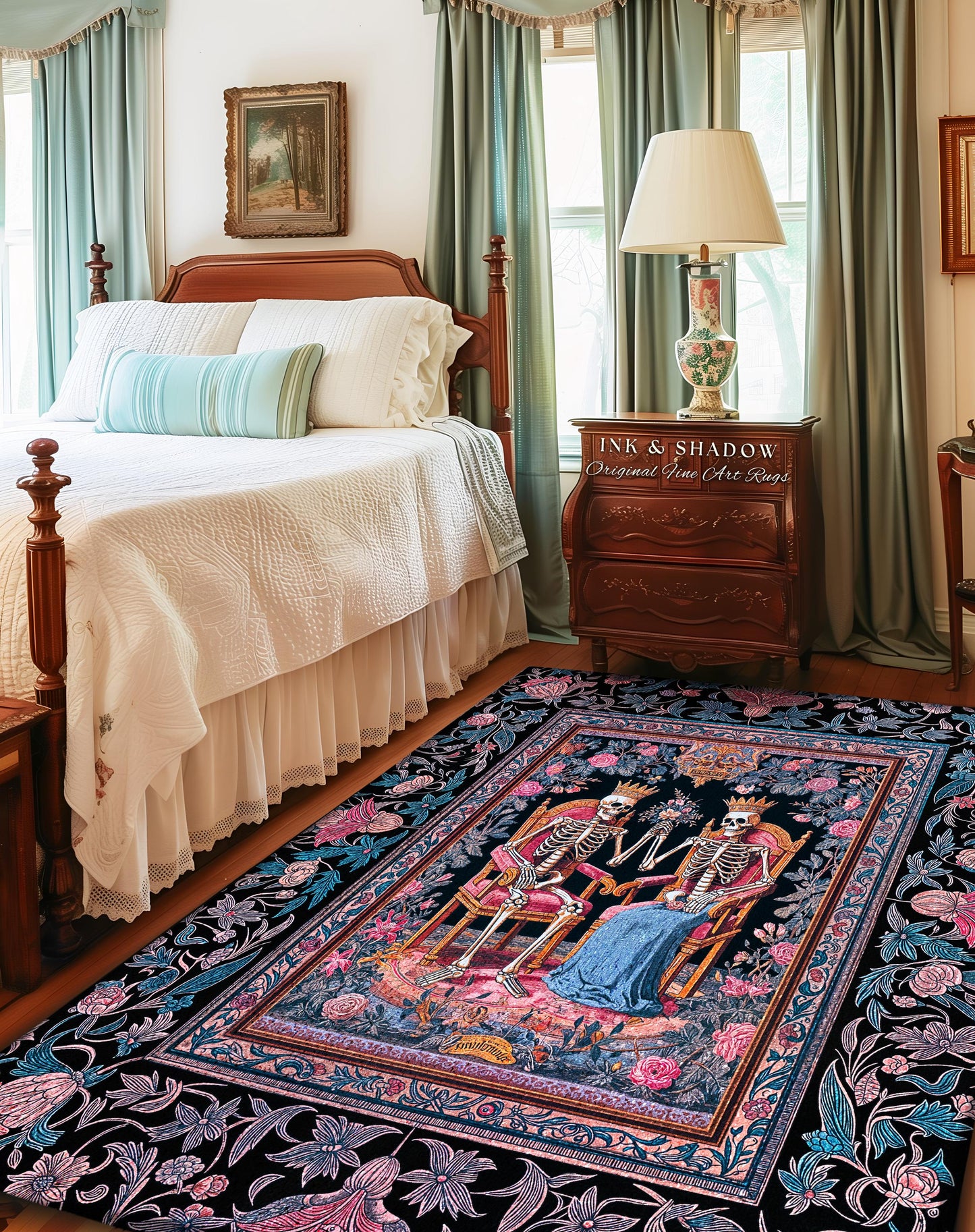 Rose Garden Skeleton Couple Area Rug | Baroque Aesthetic Renaissance Gothic Fairytale Magic Royal Theme Floral Castle Decor Celestial Accent
