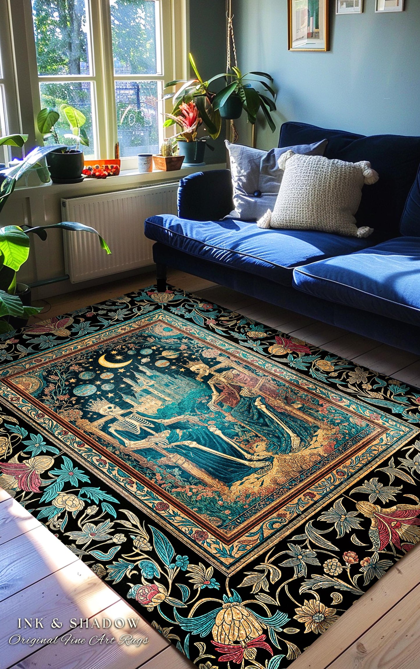 Starlit Skeleton Lovers Celestial Rug | Gothic Castle Whimsigothic Romance Cosmic Sky Baroque Magical King and Queen Bedroom Accent Moonlit