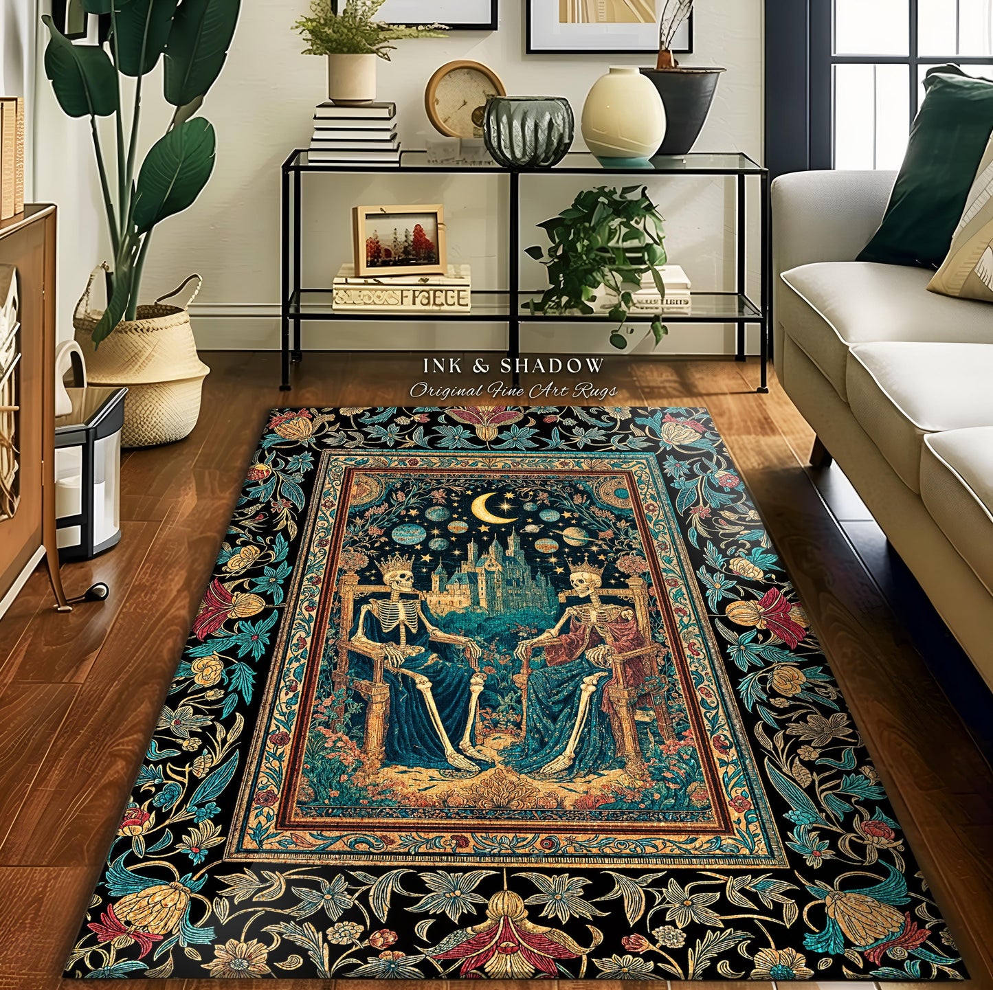 Starlit Skeleton Lovers Celestial Rug | Gothic Castle Whimsigothic Romance Cosmic Sky Baroque Magical King and Queen Bedroom Accent Moonlit