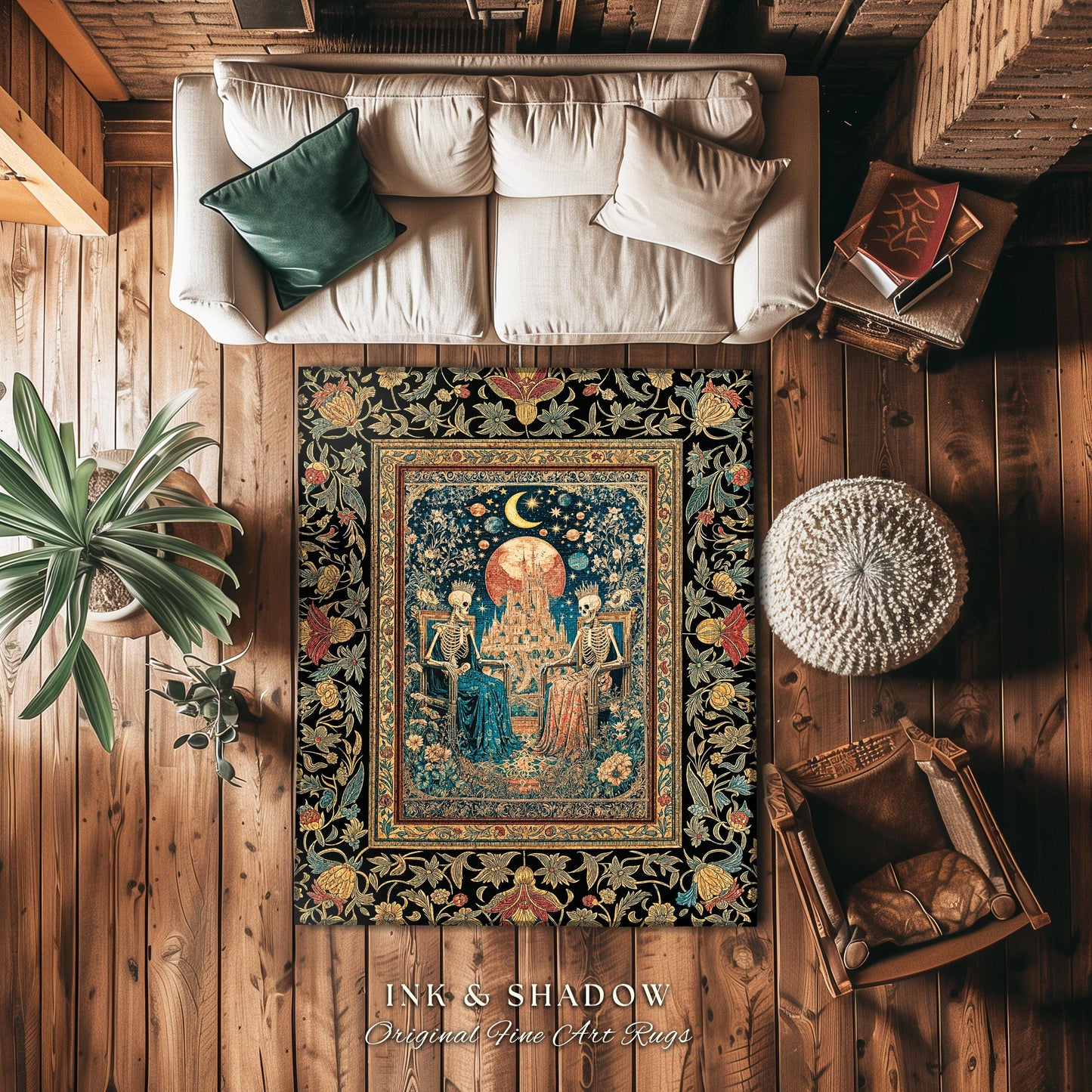 Golden Garden Skeleton Couple Rug | Celestial Gothic Lovers Moonlit Romance Baroque Floral Gothic Fairytale Magic Bedroom Accent Rug Mystic