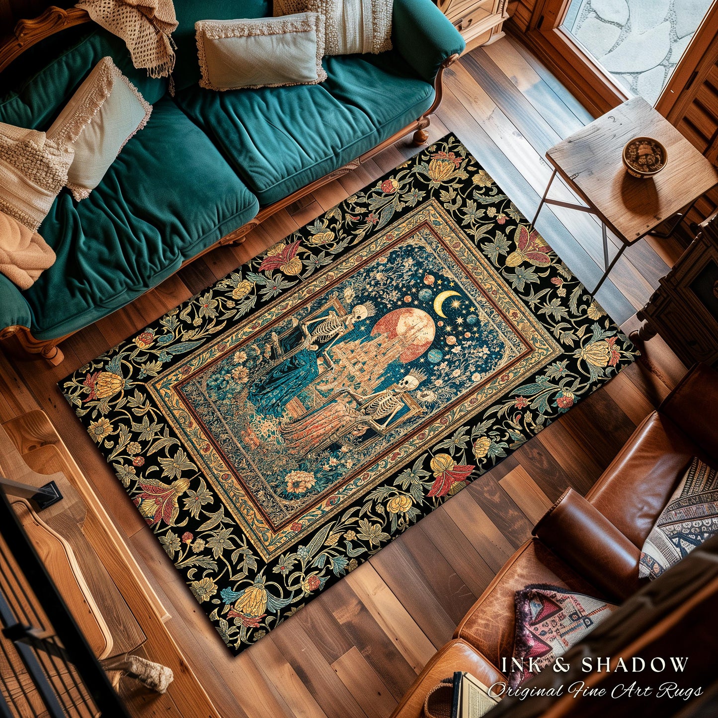 Golden Garden Skeleton Couple Rug | Celestial Gothic Lovers Moonlit Romance Baroque Floral Gothic Fairytale Magic Bedroom Accent Rug Mystic
