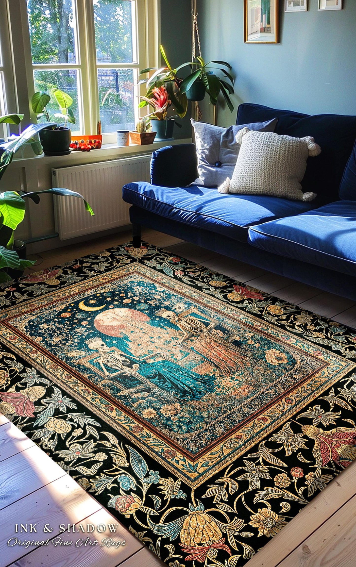Golden Garden Skeleton Couple Rug | Celestial Gothic Lovers Moonlit Romance Baroque Floral Gothic Fairytale Magic Bedroom Accent Rug Mystic