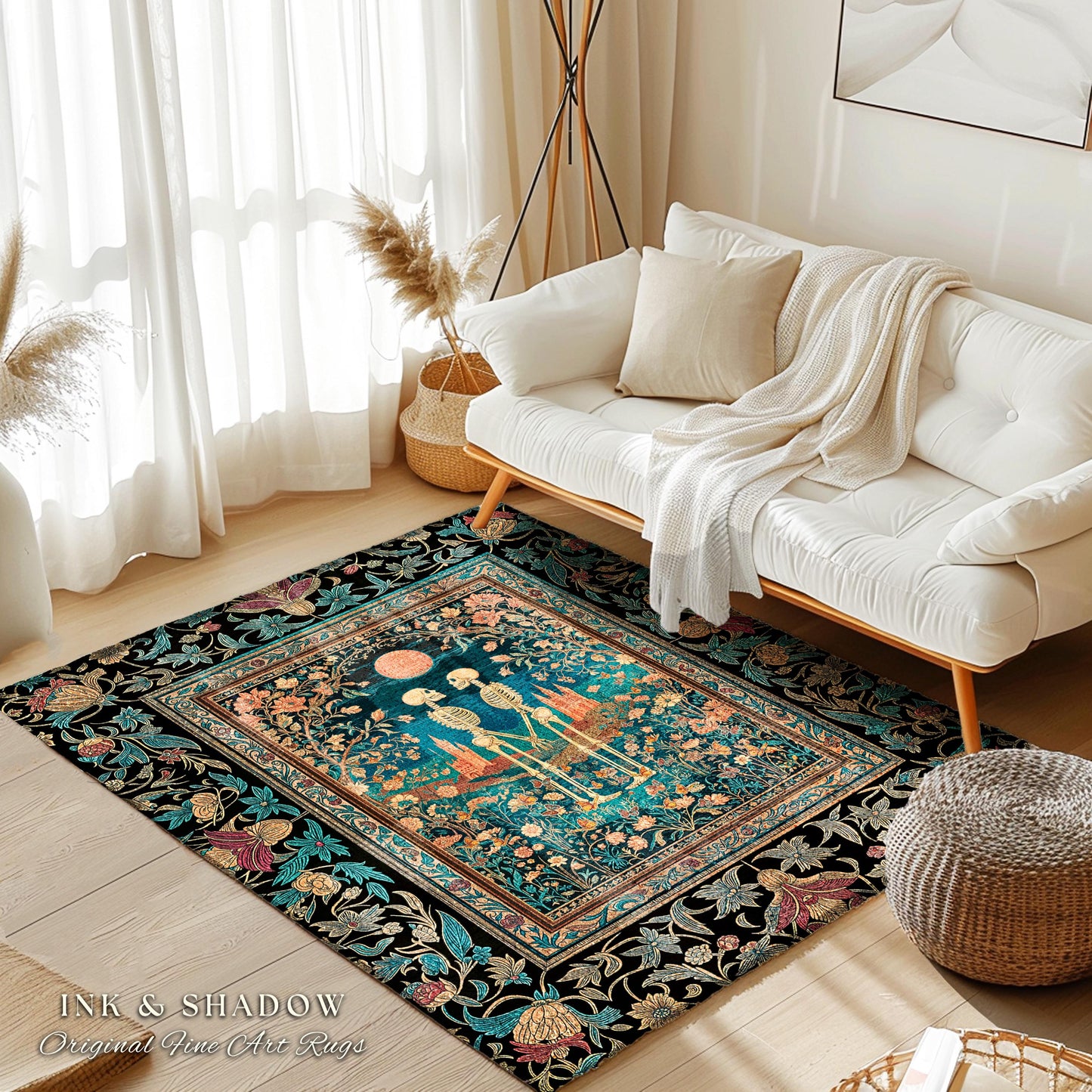 Folk Art Skeleton Lovers Floral Rug | Cottagecore Witchy Aesthetic Moon Fairytale Wildflower Romantic Gothic Castle Fantasy Bedroom Accent |